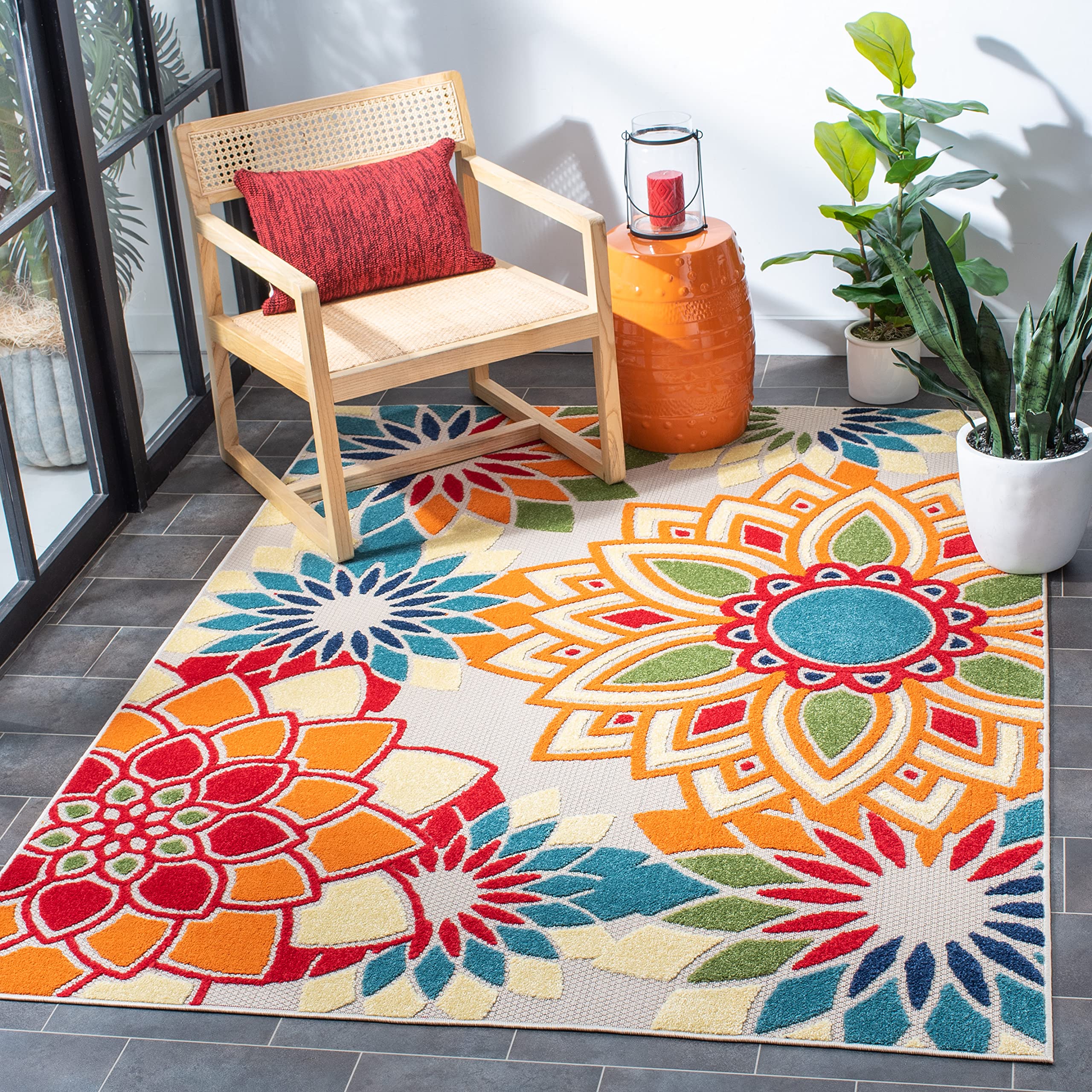 Safavieh Cabana Collection Accent Rug - 4'5' X 6'5', Ivory & Orange, Floral Design, Non-Shedding & Easy Care, Indoor/Outdoor &