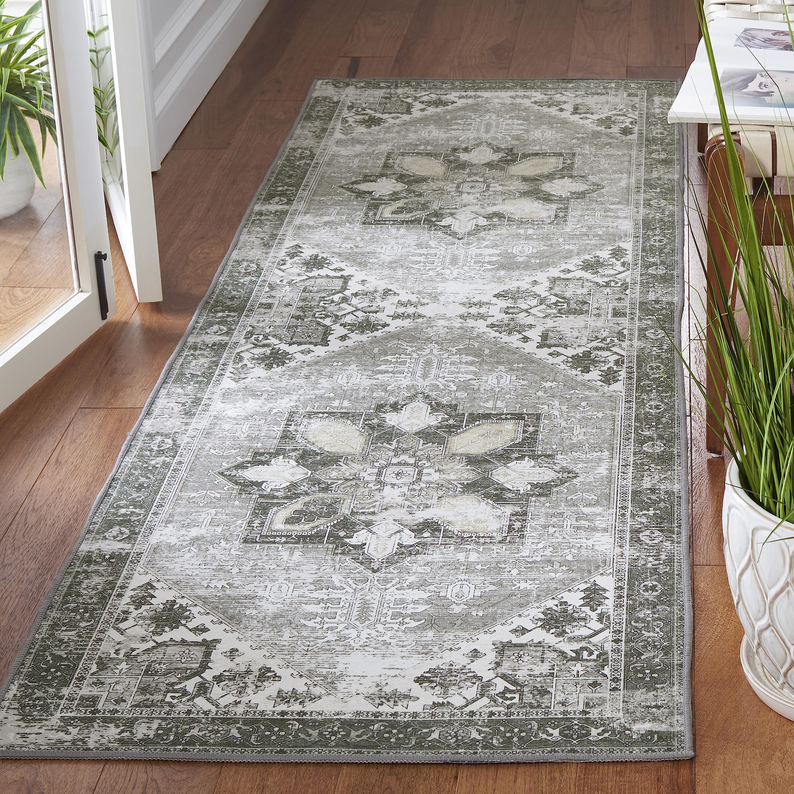 SAFAVIEH Tucson Collection Runner Rug - 26 x 12, Dark Sage & Ivory, Persian Design, Non-Shedding Machine Washable & Slip Resis