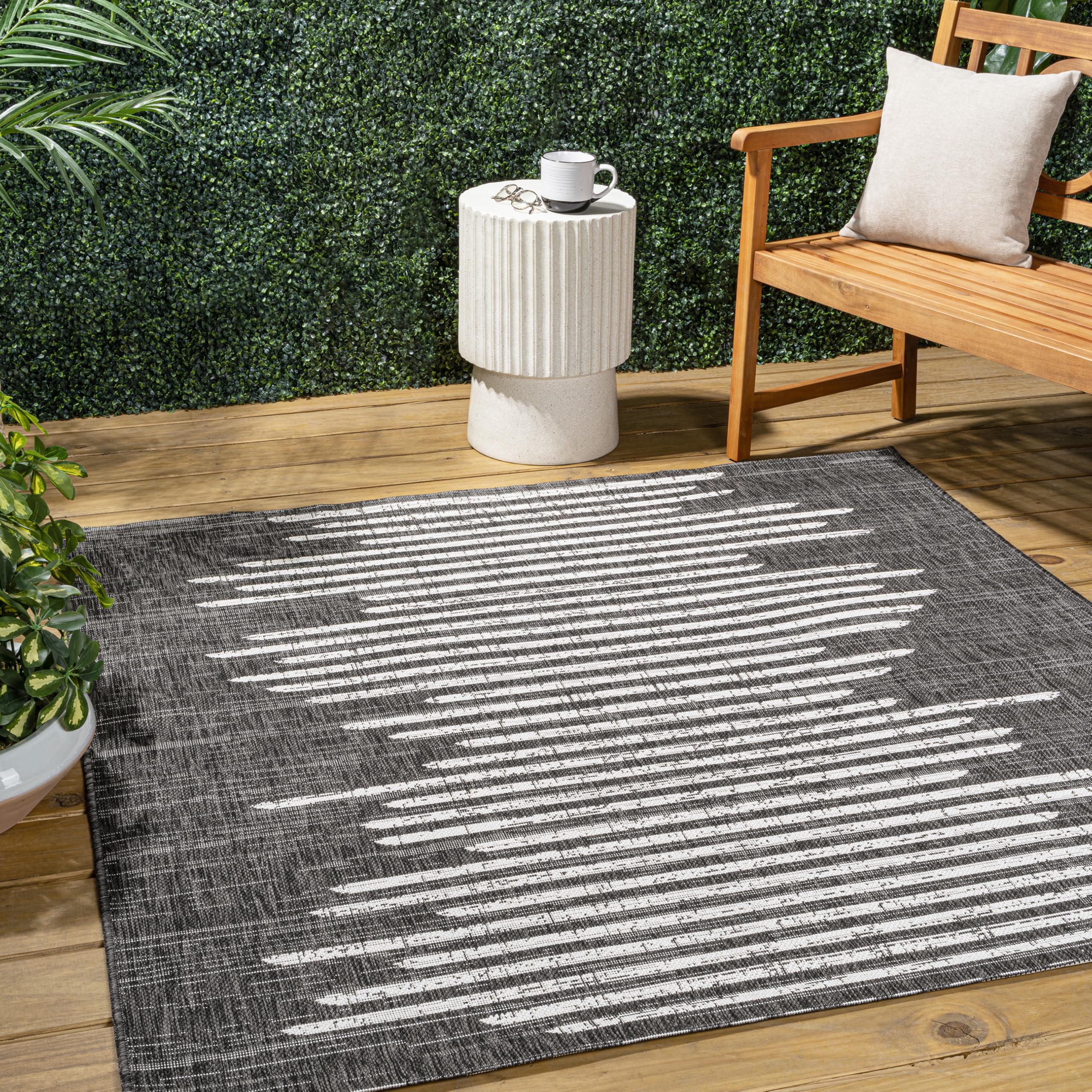 JONATHAN Y SMB124E-6SQ Zolak Berber Stripe Geometric Black/Ivory 6 Square Indoor/Outdoor Area Rug, Pet Friendly, Non-Shedding, 