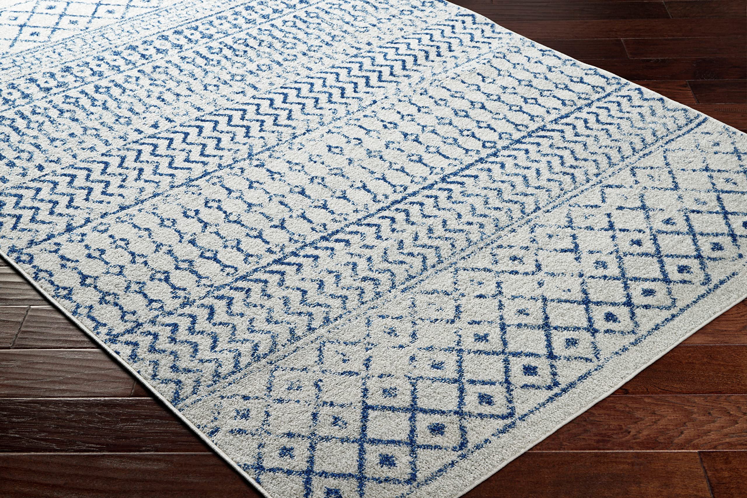 Livabliss Chester Boho Moroccan Area Rug, 4' X 6' Oval, Cream/Royal Blue