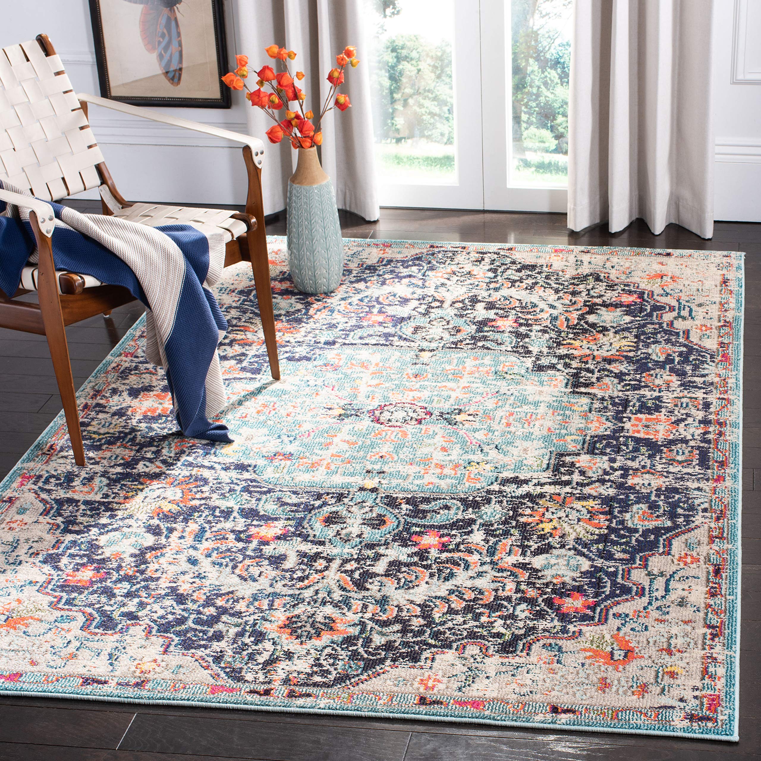 SAFAVIEH Madison Collection Area Rug - 53 x 76, Black & Teal, Boho Chic Medallion Distressed Design, Non-Shedding & Easy Care,