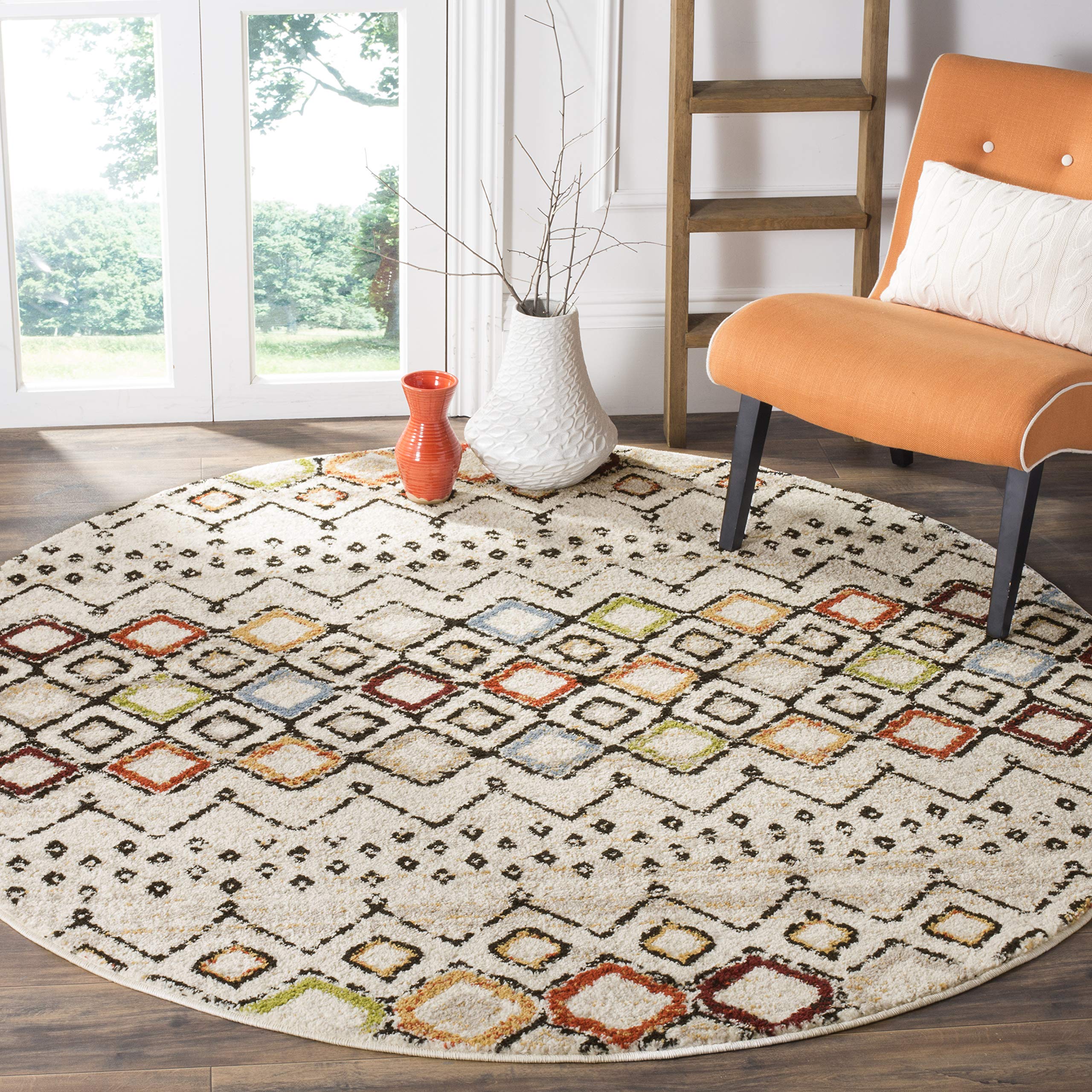 SAFAVIEH Amsterdam Collection Area Rug - 67 Round, Ivory & Multi, Moroccan Boho Design, Non-Shedding & Easy Care, Ideal for Hig
