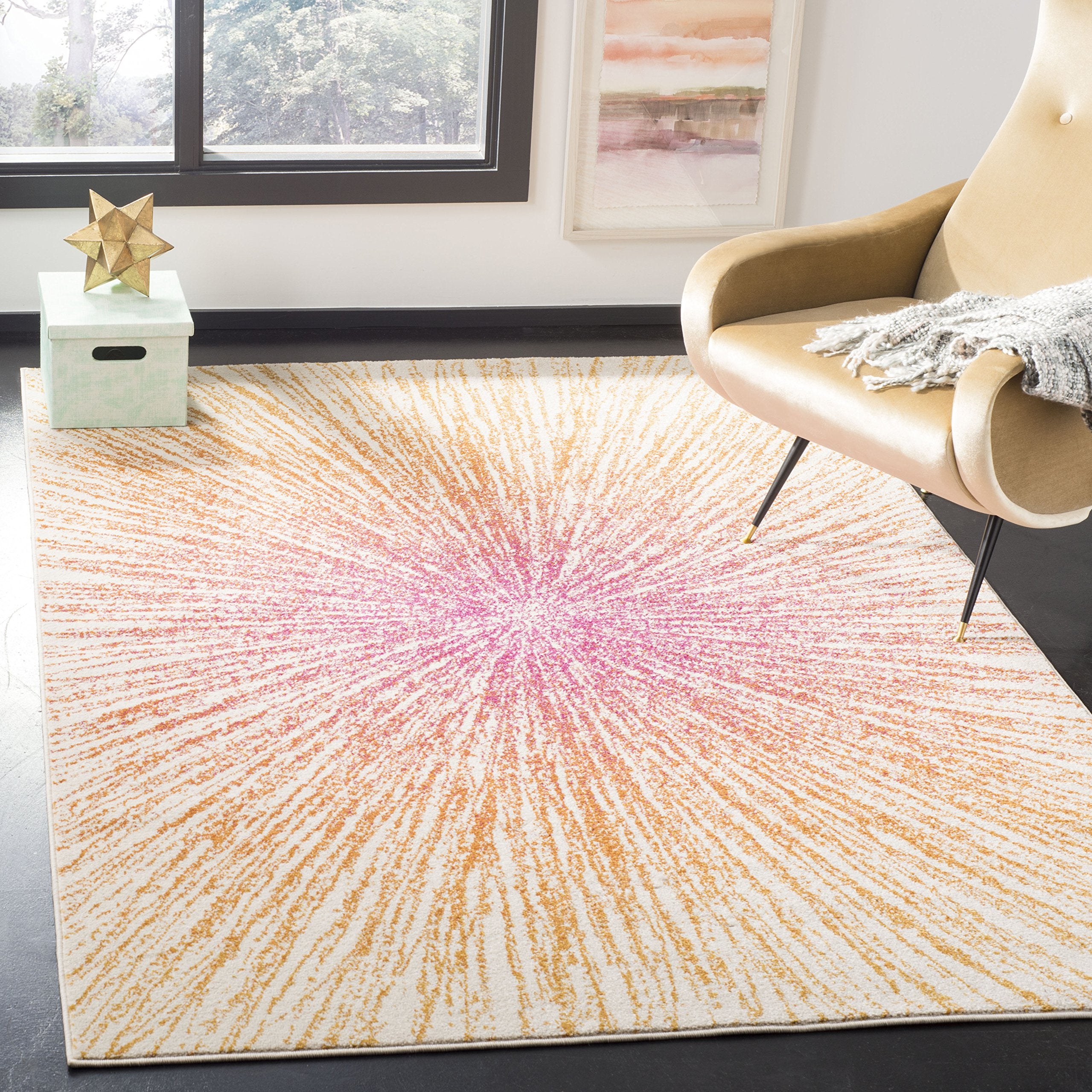 SAFAVIEH Evoke Collection Area Rug - 67 Square, Fuchsia & Cream, Abstract Burst Design, Non-Shedding & Easy Care, Ideal for Hig