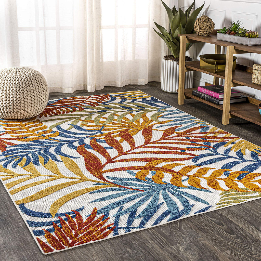 Jonathan Y Amc100B-5 Tropics Palm Leaves Indoor Outdoor Area-Rug Bohemian Floral Easy-Cleaning High Traffic Bedroom Kitchen Backyard Patio Porch Non Shedding, 5 X 8, Cream/Orange