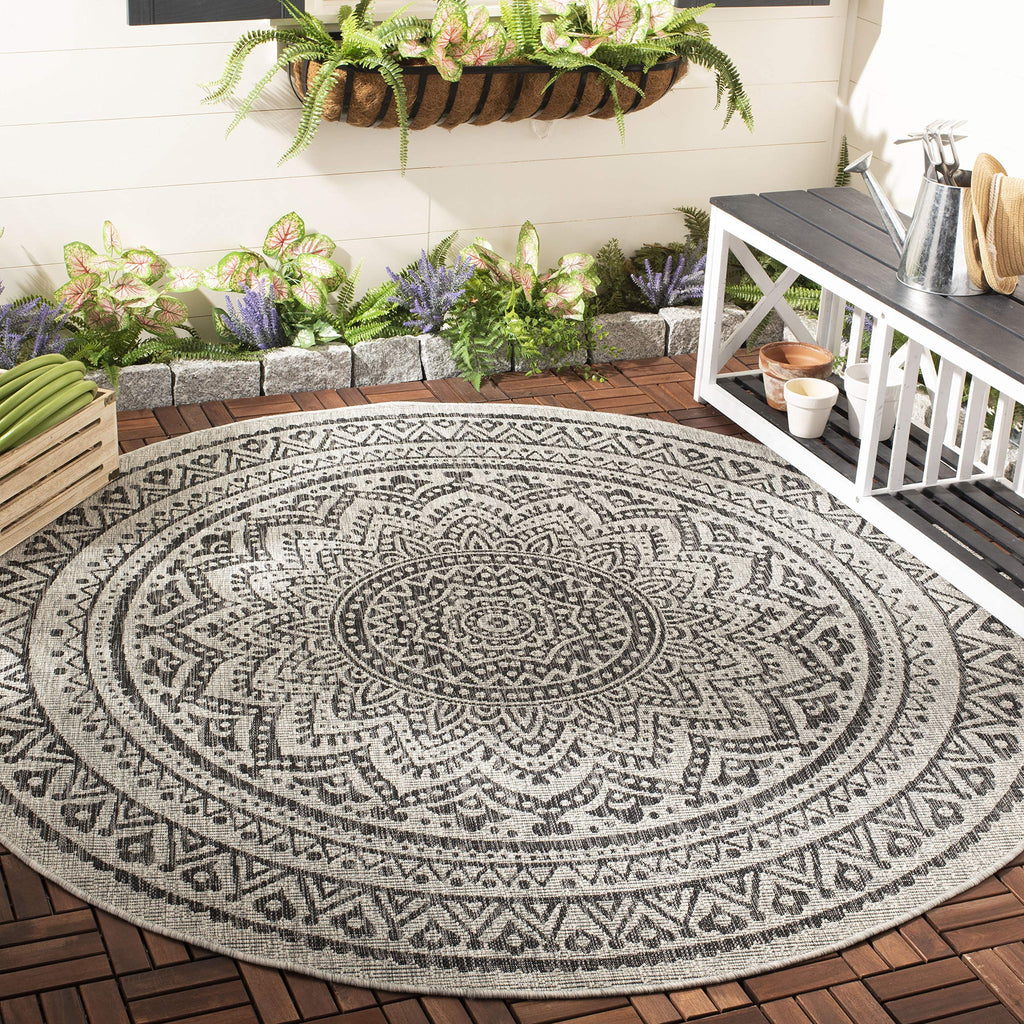Safavieh Courtyard Collection 7'10' Round Light Grey/Black Cy8734 Indoor/ Outdoor Waterproof Easy Cleaning Patio Backyard Mudroom Area Rug