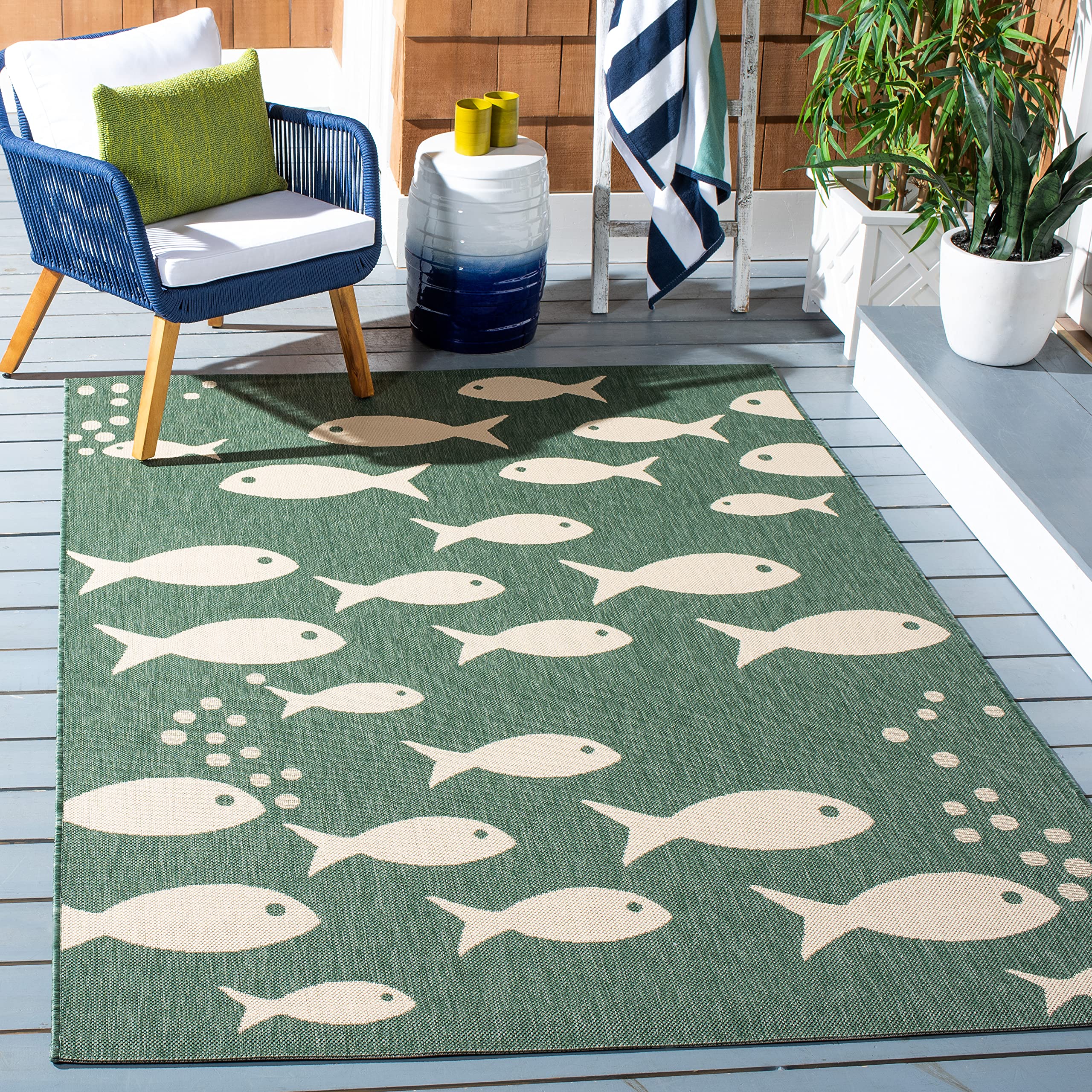 Safavieh Courtyard Collection Area Rug - 8' X 10', Dark Green & Ivory, Border Design, Non-Shedding & Easy Care, Indoor/Outdoor &