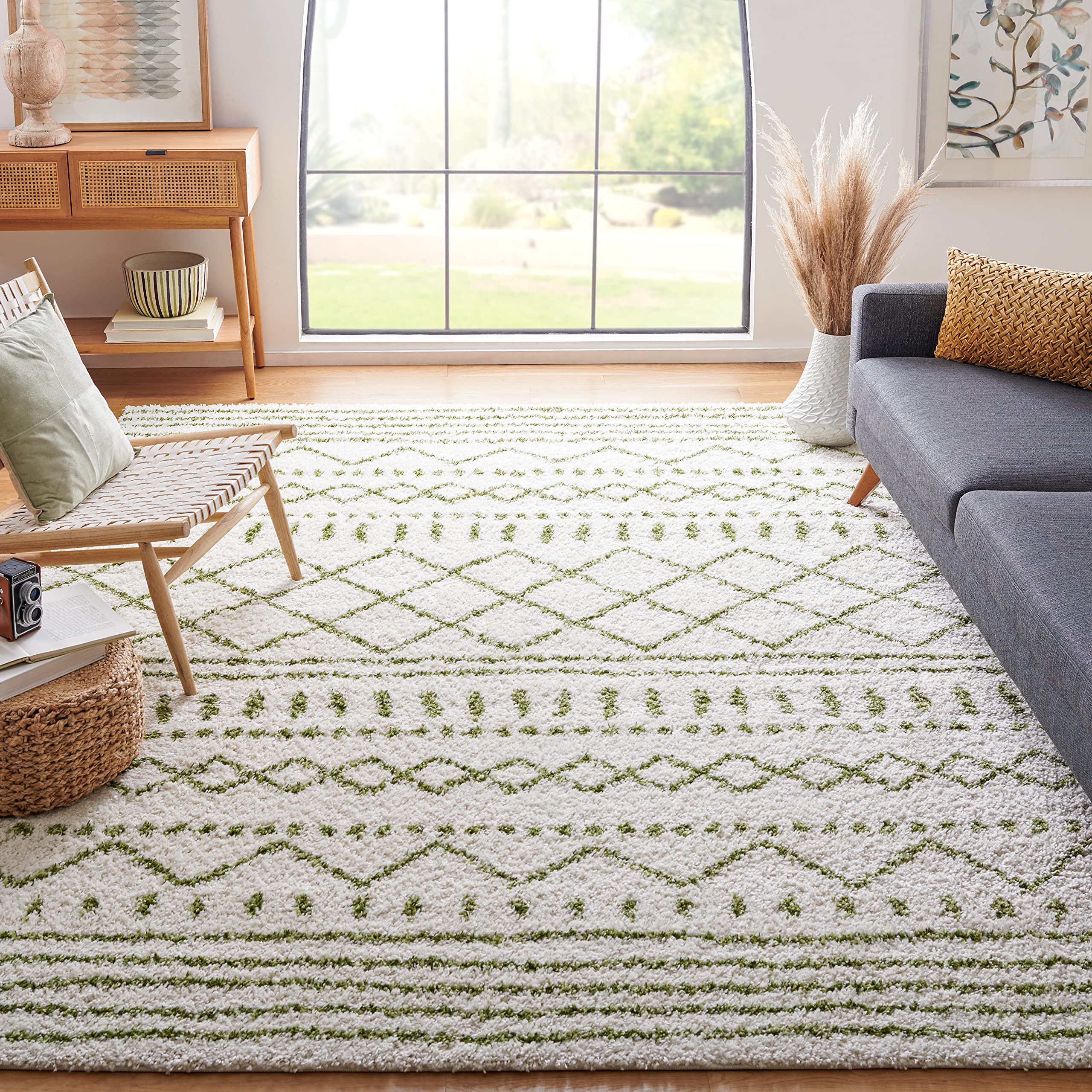 SAFAVIEH Arizona Shag Collection Area Rug - 10 x 14, Ivory & Green, Moroccan Design, Non-Shedding & Easy Care, 1.6-inch Thick,