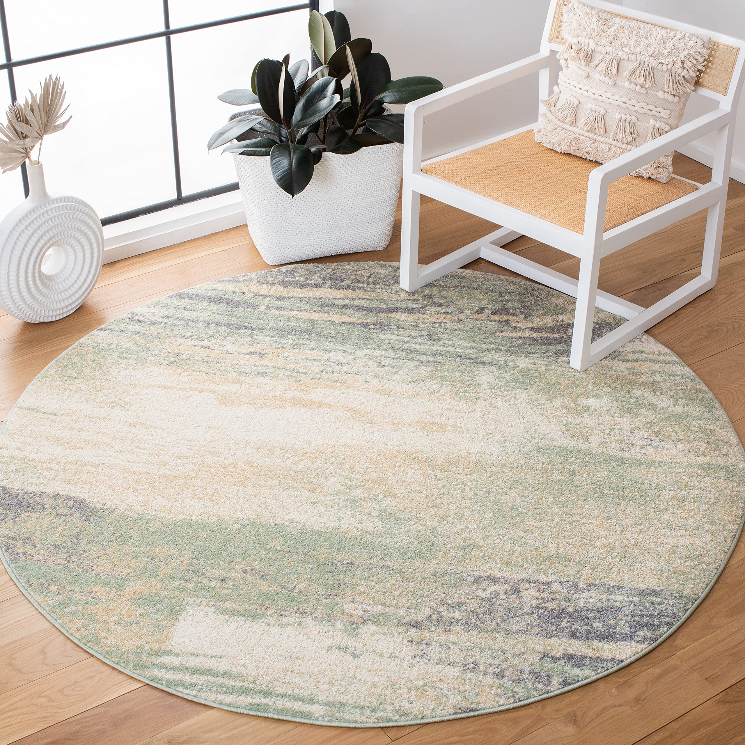 SAFAVIEH Adirondack Collection Area Rug - 9 Round, Ivory/Sage, Geometric Design, Ideal for High Traffic Areas in Living Room, B