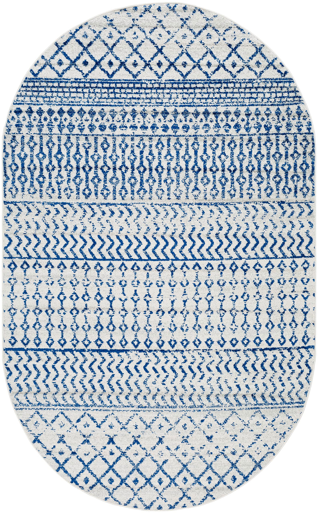 Livabliss Chester Boho Moroccan Area Rug, 4' X 6' Oval, Cream/Royal Blue