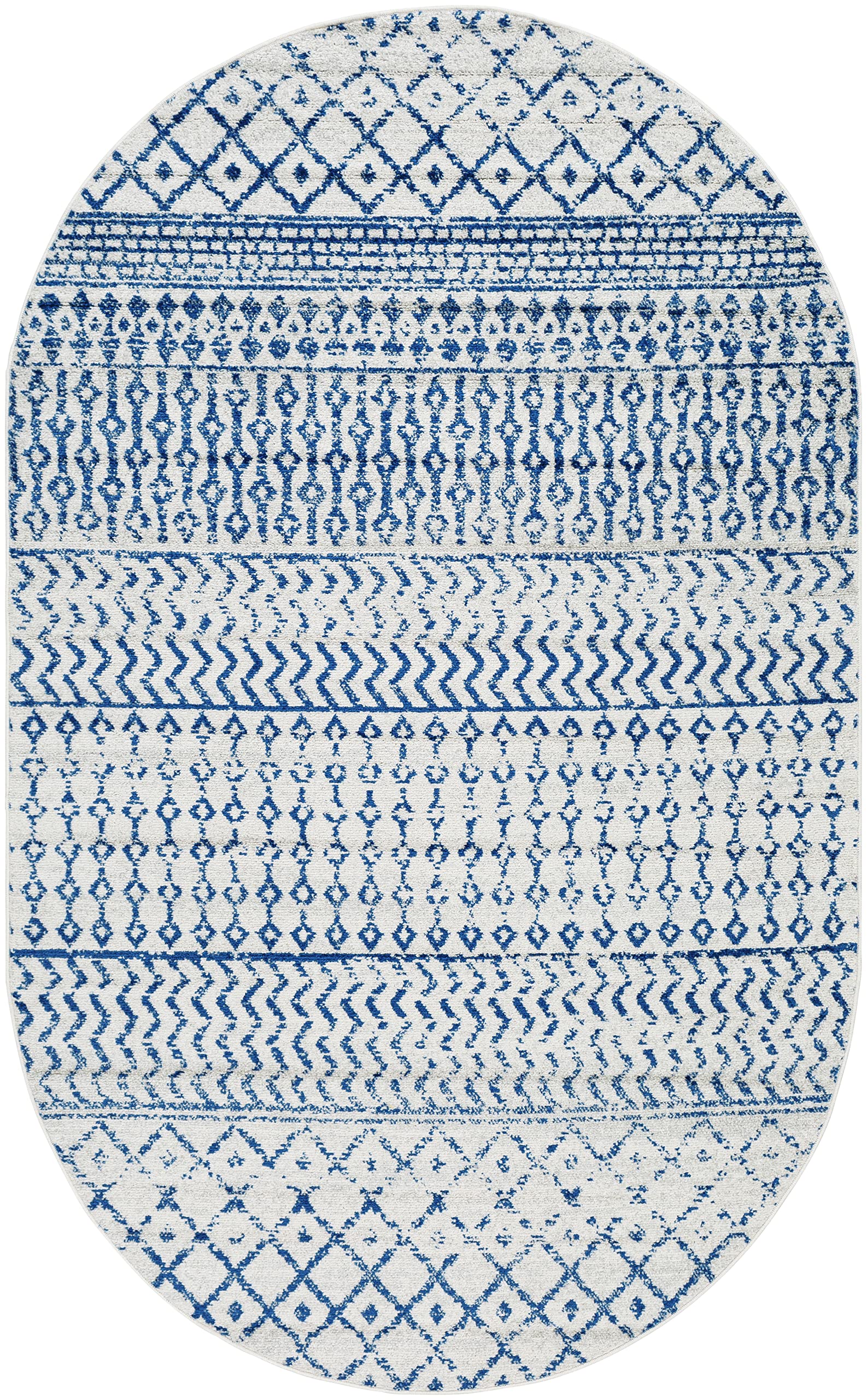 Livabliss Chester Boho Moroccan Area Rug, 4' X 6' Oval, Cream/Royal Blue