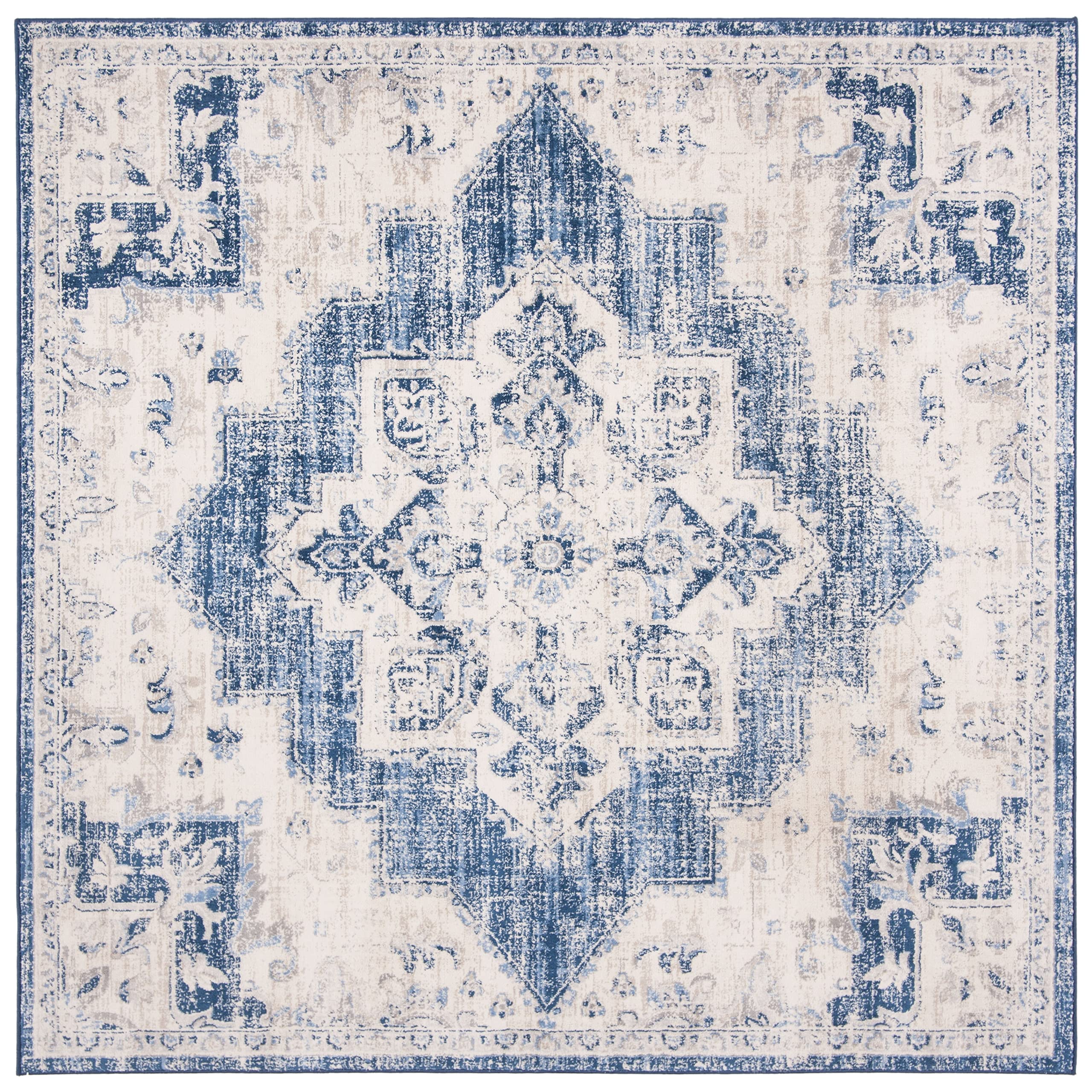 SAFAVIEH Brentwood Collection 10 Square Ivory/Navy BNT865A Medallion Distressed Non-Shedding Area Rug