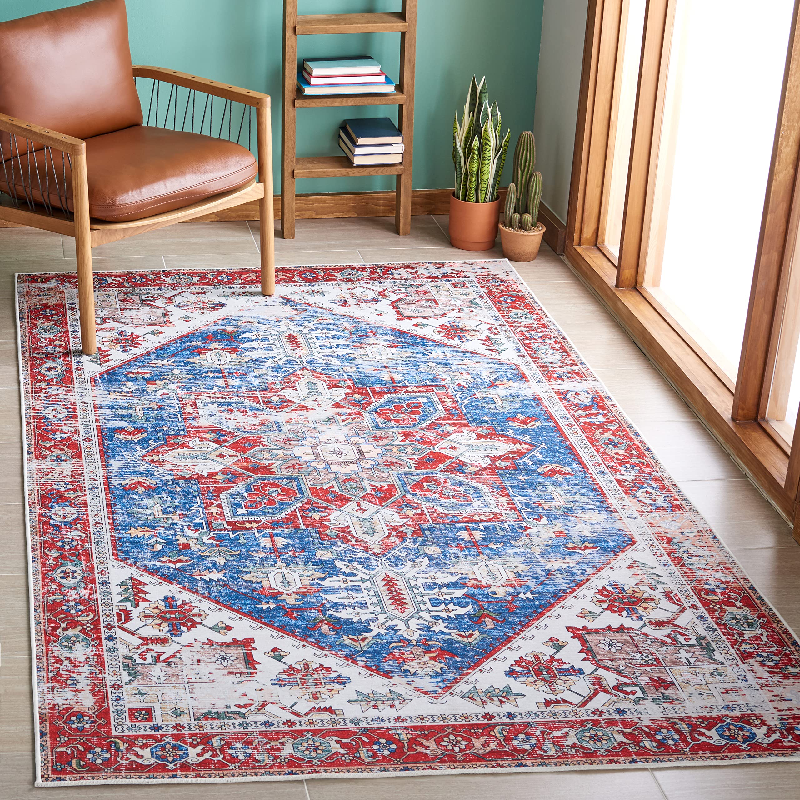 SAFAVIEH Tucson Collection Accent Rug - 3 x 5, Blue & Red, Persian Design, Non-Shedding Machine Washable & Slip Resistant Idea