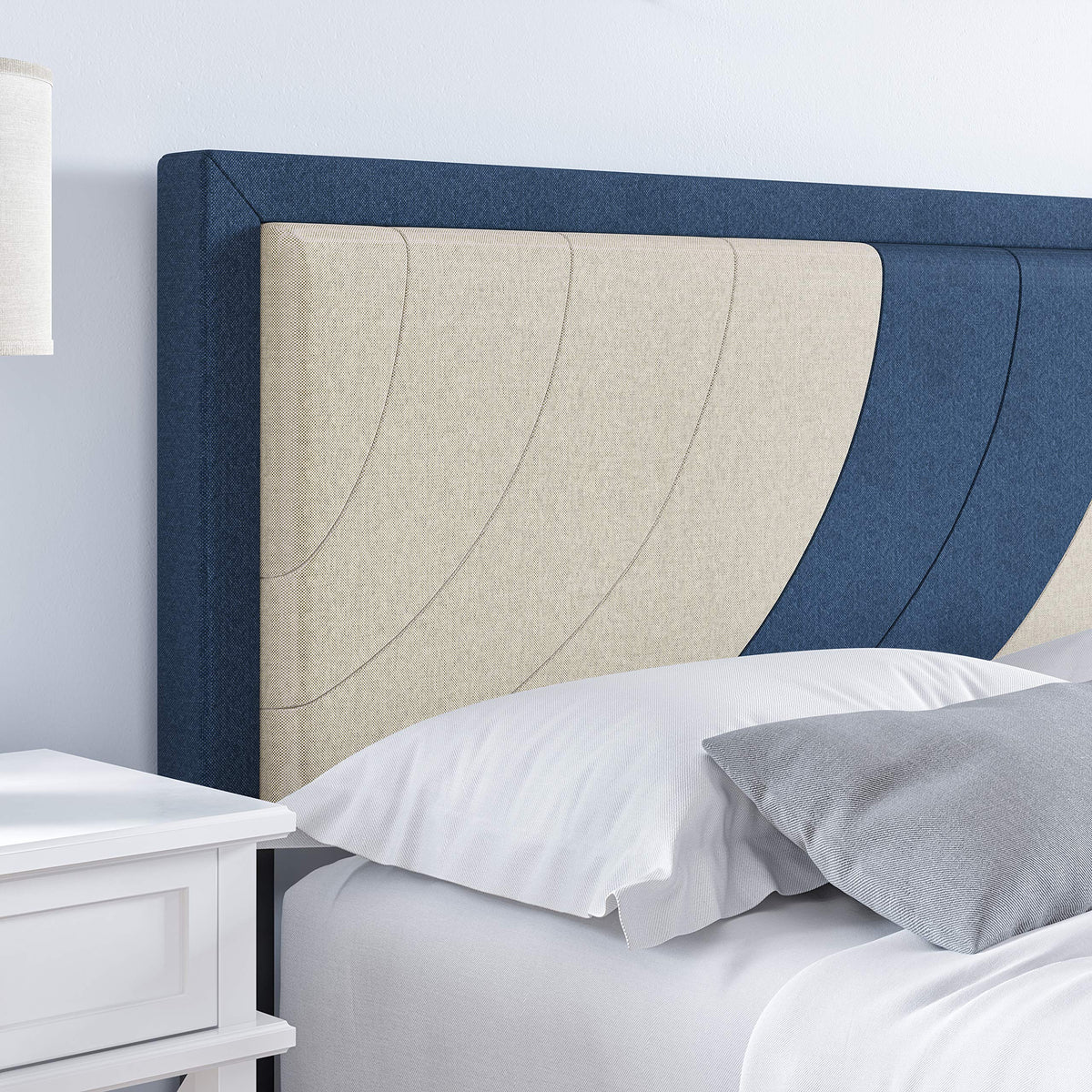 Boyd Sleep Sail Away Upholstered Platform Bed with Headboard and Durable Mattress Foundation with Strong 14 Wood Slat Supports, No BoxSpring Required: Twin, Blue/White