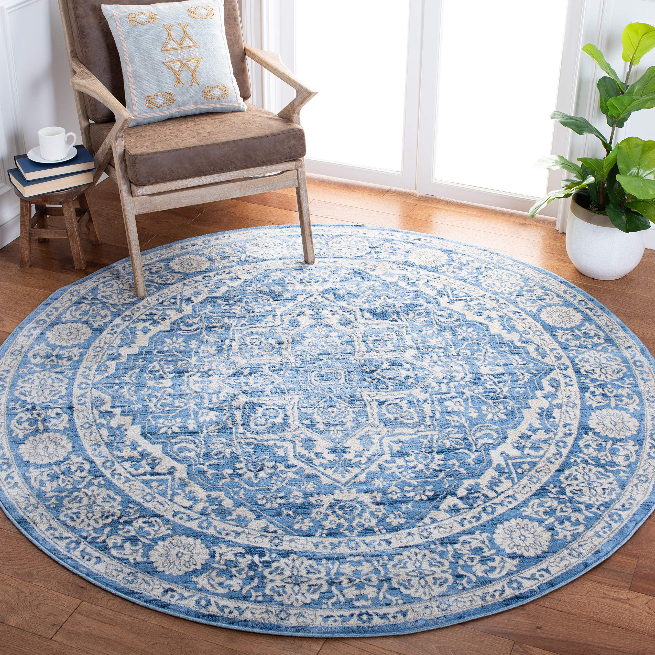 SAFAVIEH Brentwood Collection Round Rug - 10 Round, Ivory & Navy, Oriental Design, Stain Resistant, Ideal for High Traffic Area