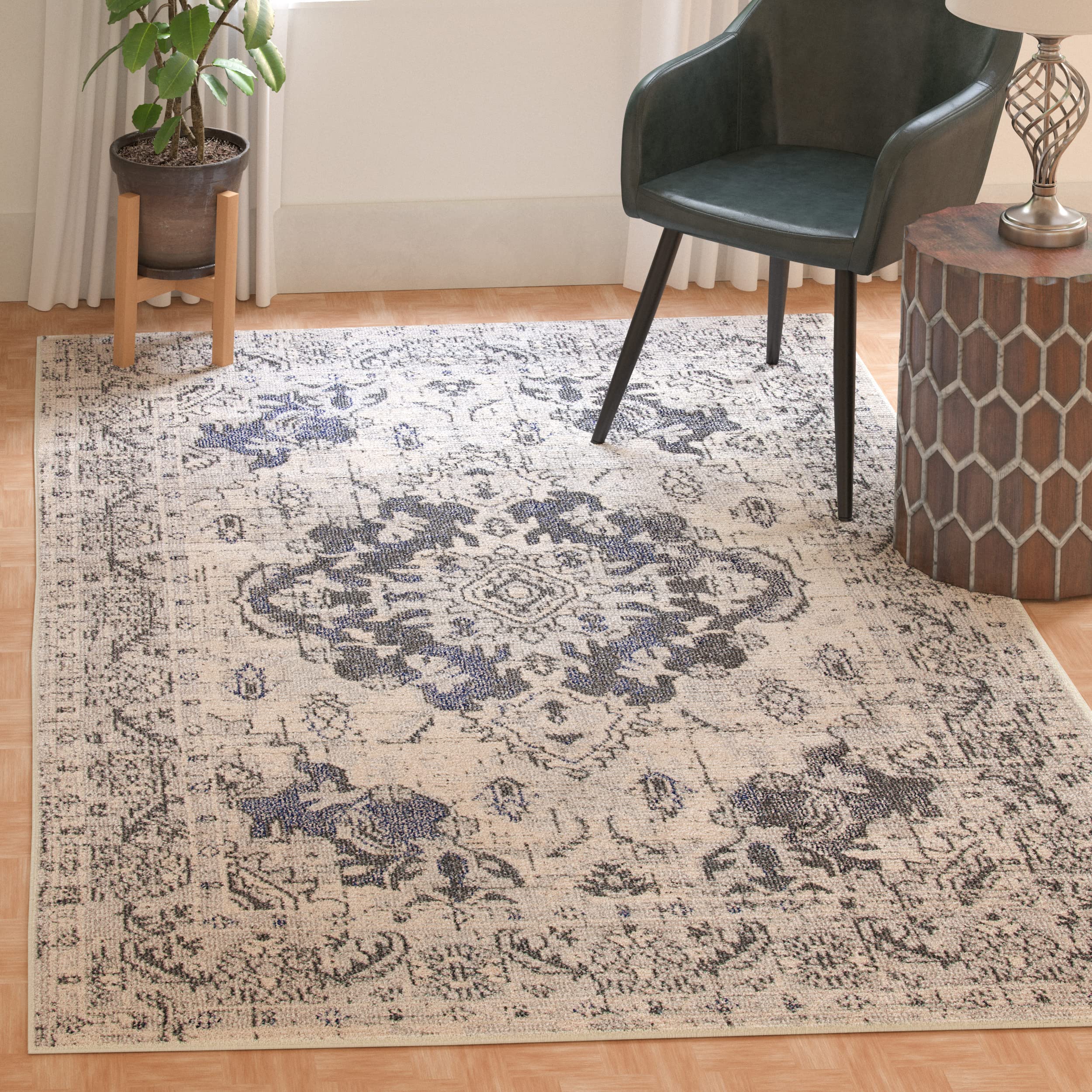 SAFAVIEH Monaco Collection Area Rug - 8 x 10, Ivory & Grey, Boho Chic Medallion Distressed Design, Non-Shedding & Easy Care, I