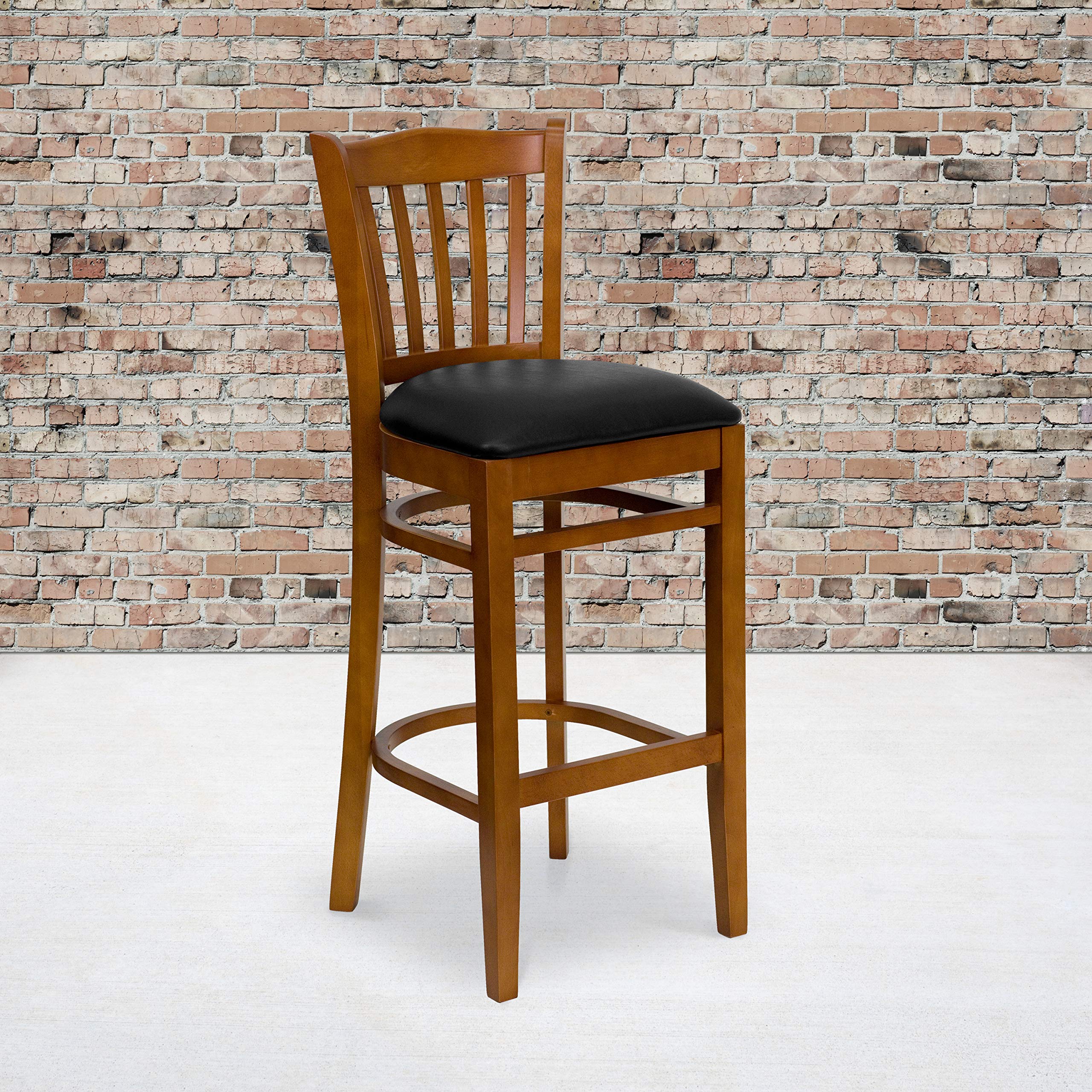 2 Pk. Cherry Finished Vertical Slat Back Wooden Barstool - Black Vinyl Seat