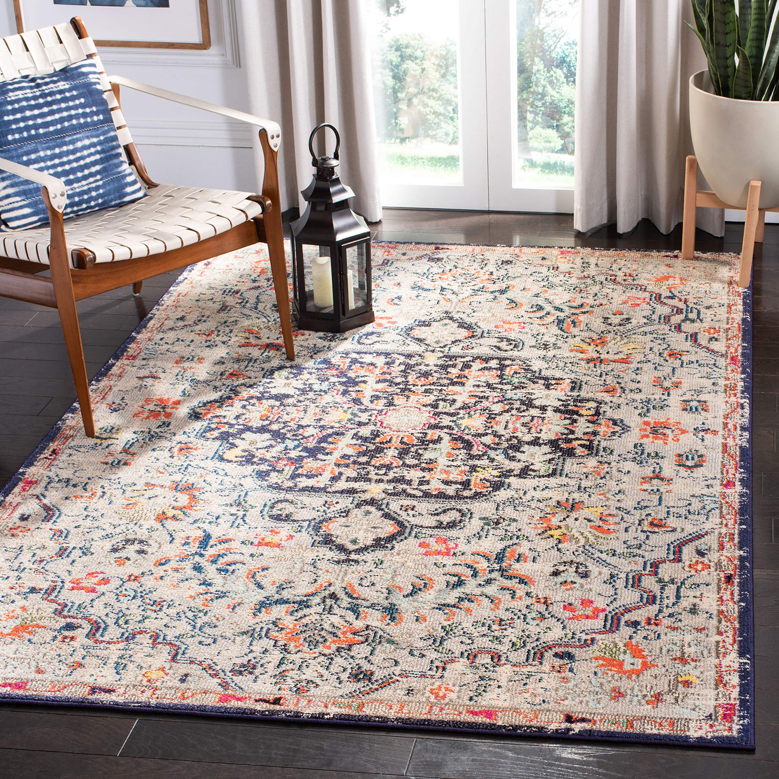 SAFAVIEH Madison Collection Area Rug - 53 x 76, Beige & Black, Boho Chic Medallion Distressed Design, Non-Shedding & Easy Care