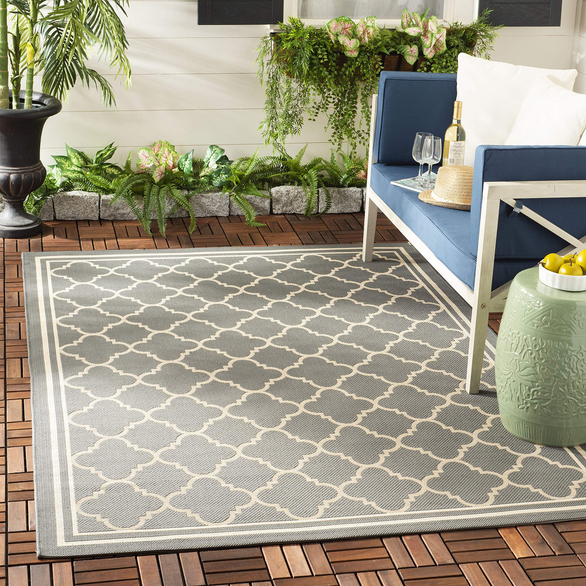 SAFAVIEH Courtyard Collection 53 Square Anthracite/Beige CY6918 Trellis Indoor/ Outdoor Waterproof Easy--Cleaning Patio Backyar