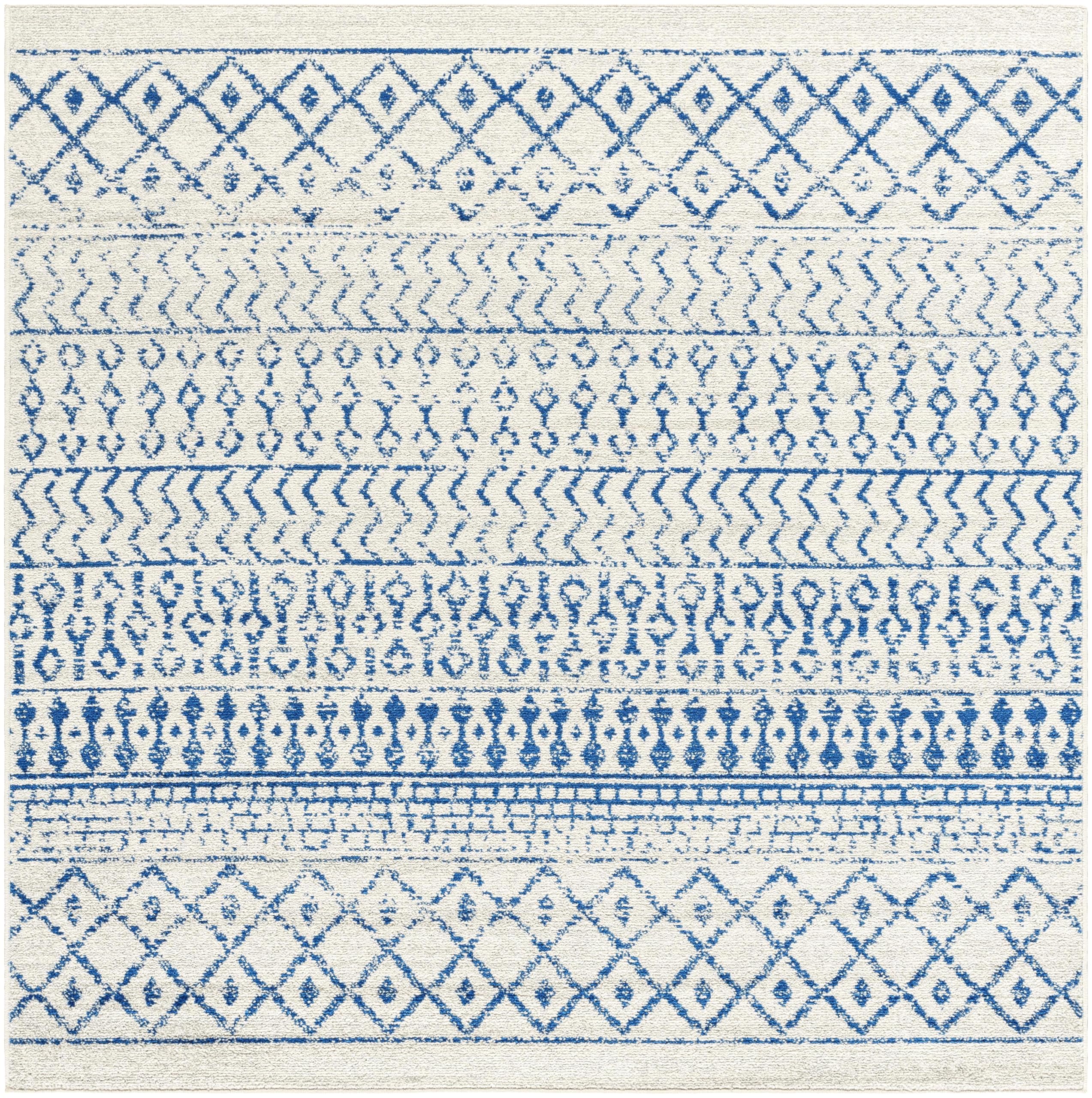 Livabliss Chester Boho Moroccan Area Rug, 5' Square, Cream/Royal Blue