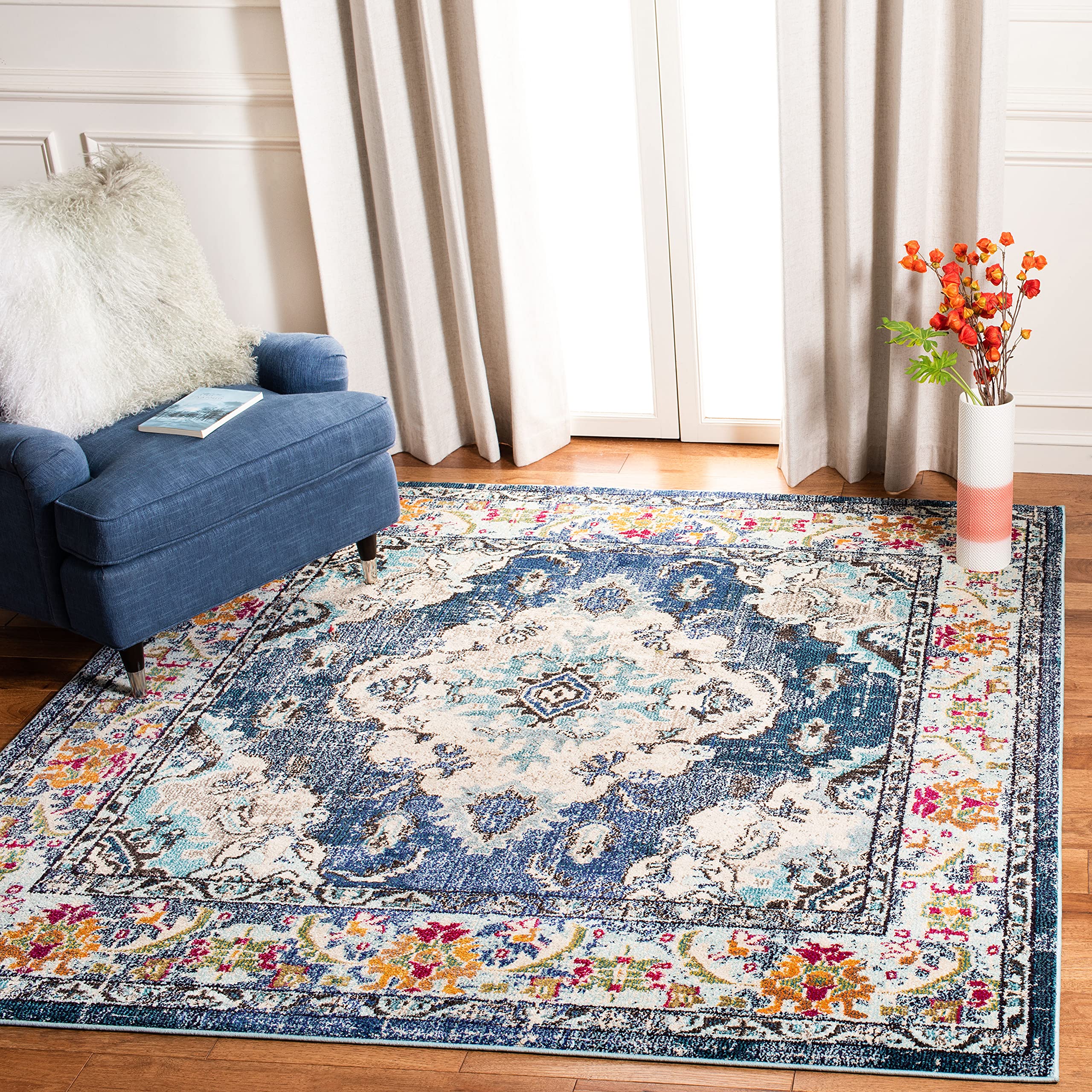 SAFAVIEH Monaco Collection 11 Square Navy/Light Blue MNC243N Boho Chic Medallion Distressed Non-Shedding Living Room Bedroom Di
