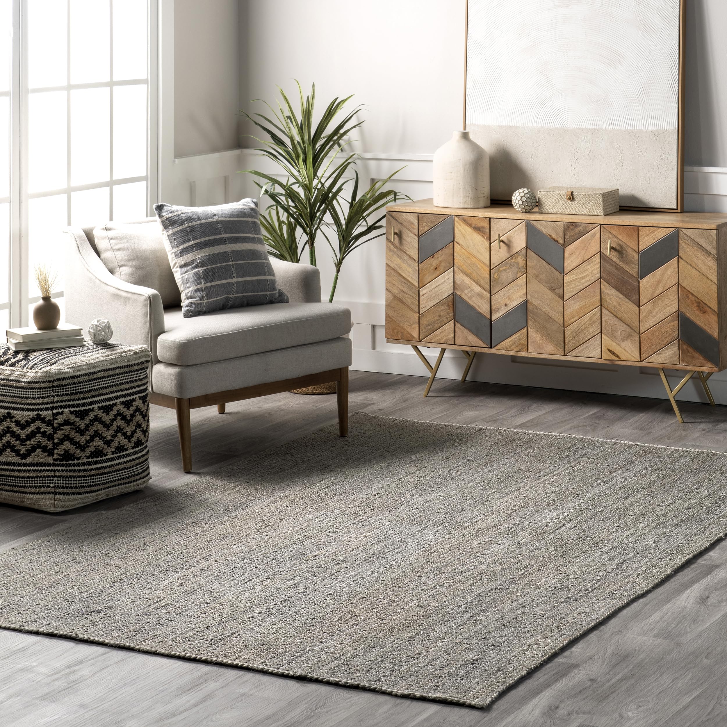 nuLOOM 8x10 Rigo Jute Hand Woven Area Rug, Grey, Solid Farmhouse Design, Natural Fiber, For Bedroom, Living Room, Dining Room, H