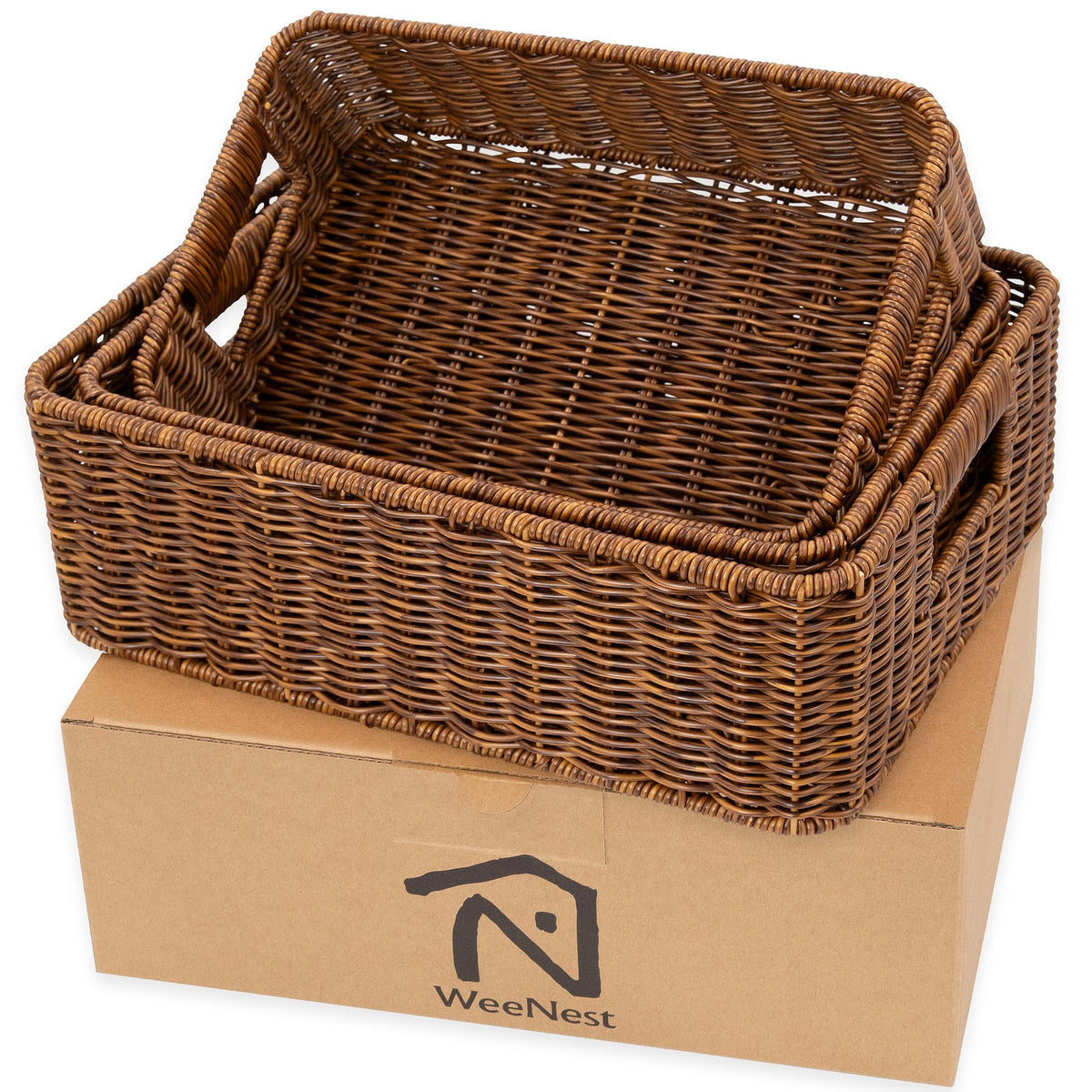 WeeNest Baskets for Storage, Wicker Basket, Rectangular, Set of 3, Toffee