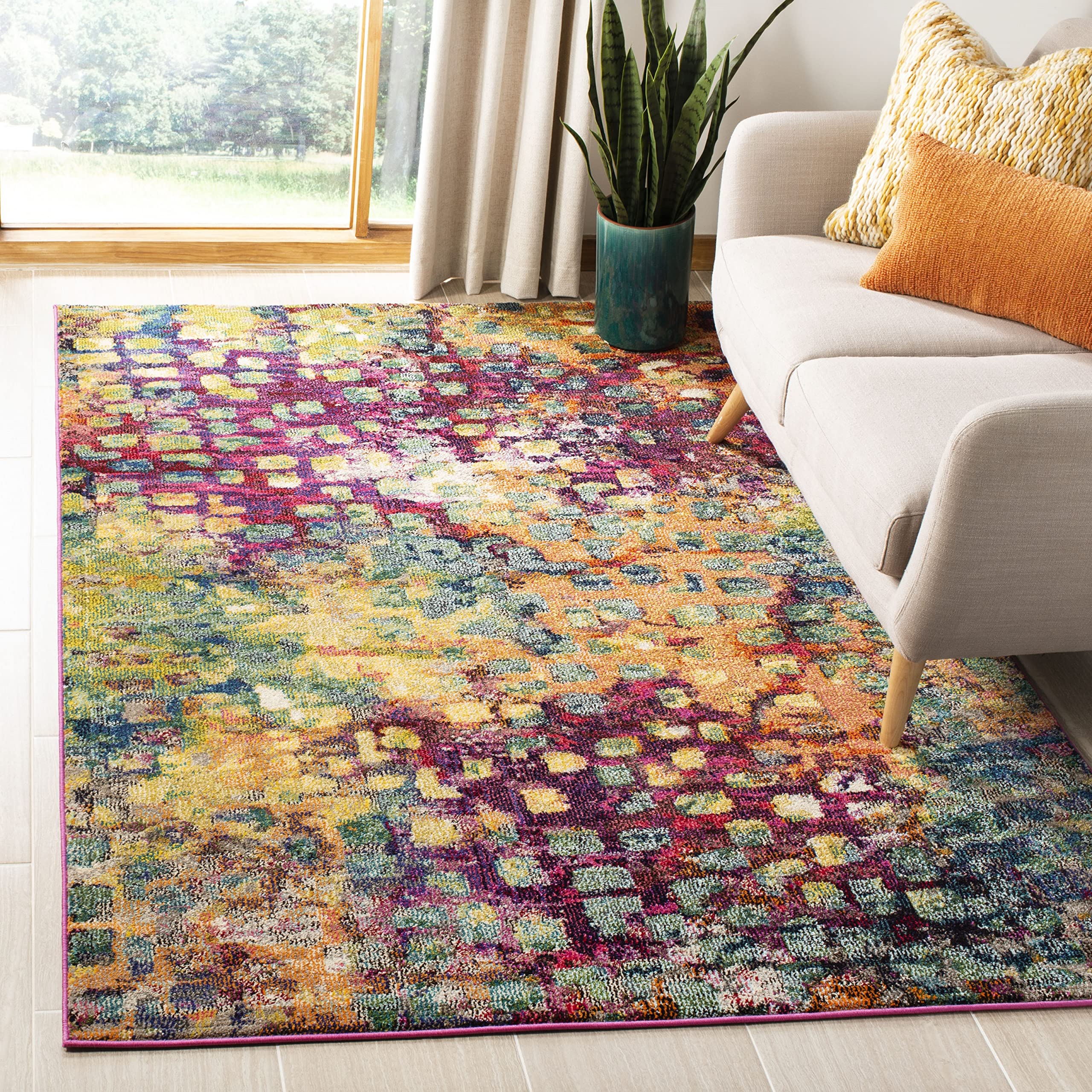 SAFAVIEH Monaco Collection 3 Square Pink/Multi MNC225D Boho Chic Abstract Watercolor Non-Shedding Living Room Bedroom Accent Ru