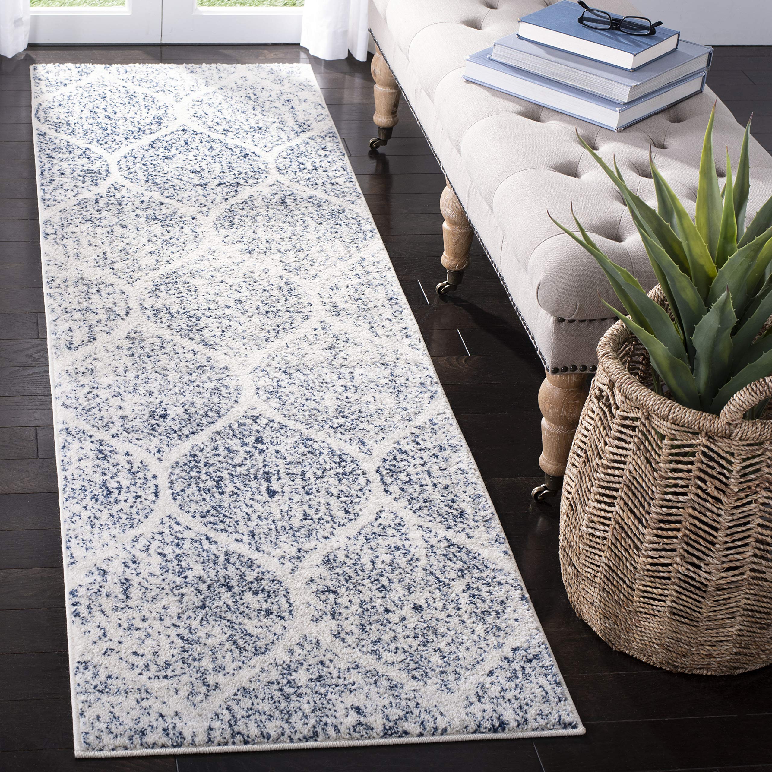 SAFAVIEH Madison Collection Runner Rug - 23 x 14, Cream & Royal Blue, Glam Ogee Trellis Distressed Design, Non-Shedding & Easy