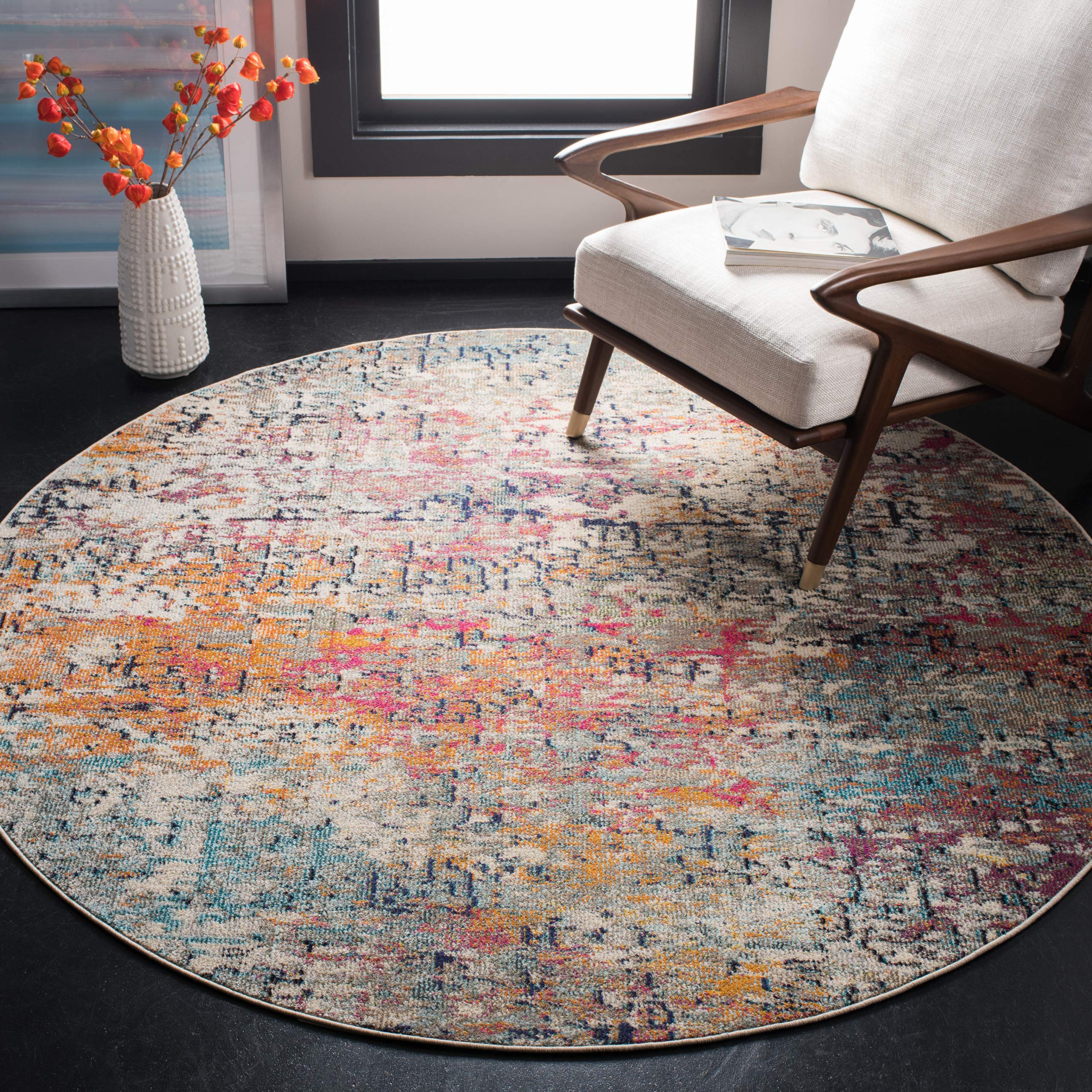 SAFAVIEH Madison Collection 4 Round Grey/Pink MAD460A Modern Abstract Non-Shedding Stain Living Room Bedroom Area Rug