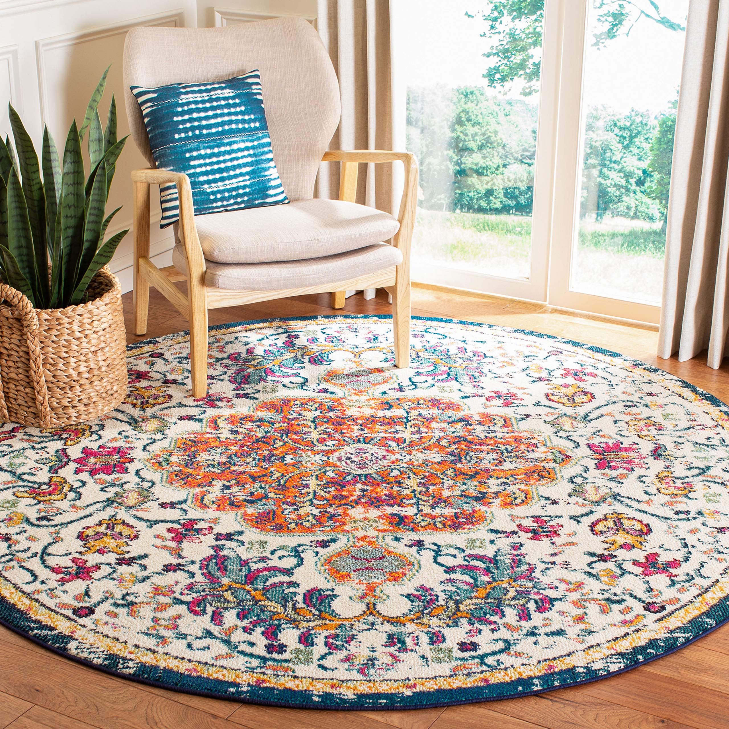 SAFAVIEH Madison Collection Area Rug - 9 Round, Ivory & Orange, Boho Chic Medallion Distressed Design, Non-Shedding & Easy Care
