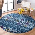SAFAVIEH Amsterdam Collection Area Rug - 5'1'' Round, Navy & Turquoise, Moroccan Boho Design, Non-Shedding & Easy Care, Ideal fo