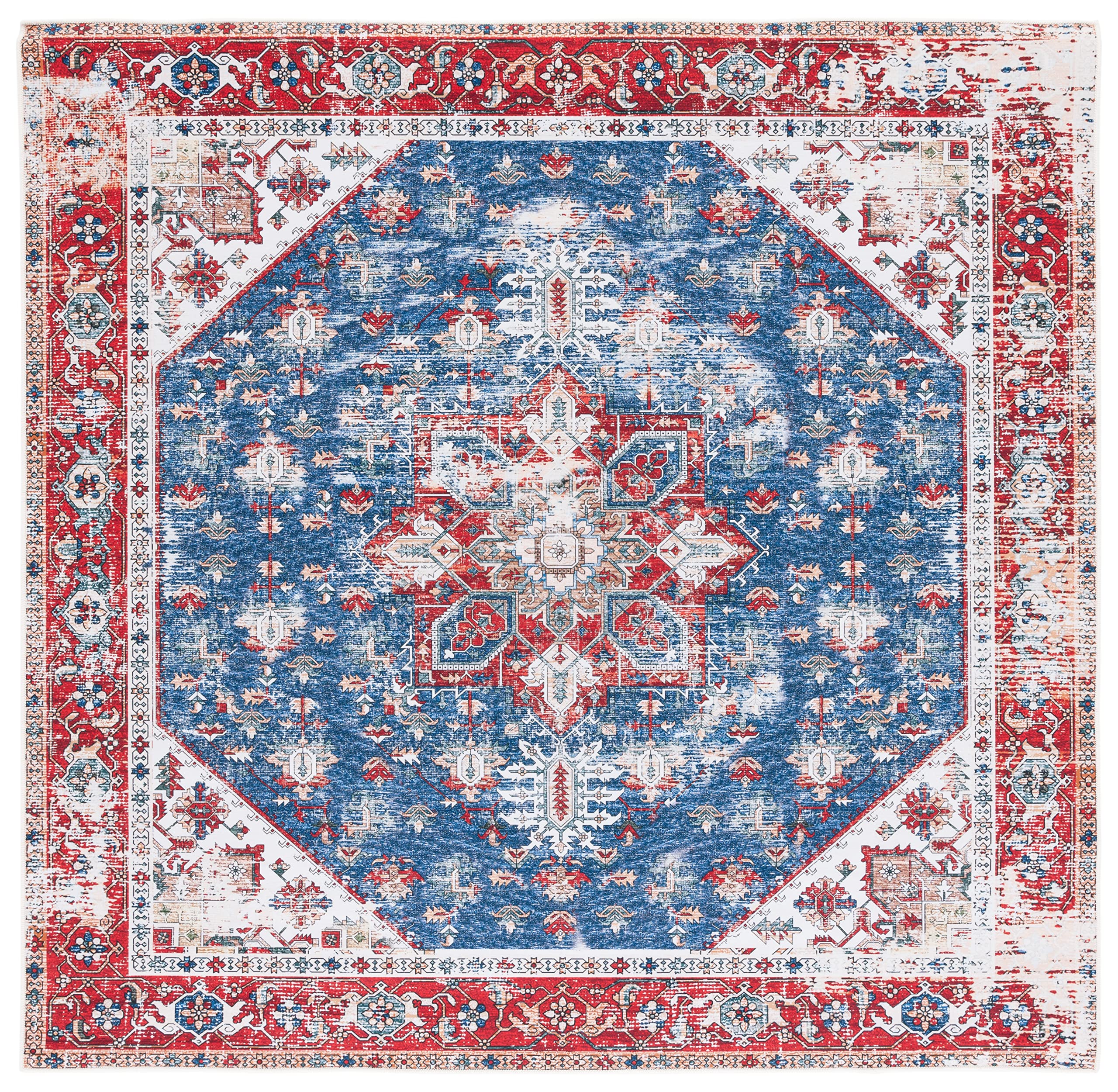 SAFAVIEH Tucson Collection Area Rug - 5 Square, Blue & Red, Persian Medallion Design, Non-Shedding Machine Washable & Slip Resi
