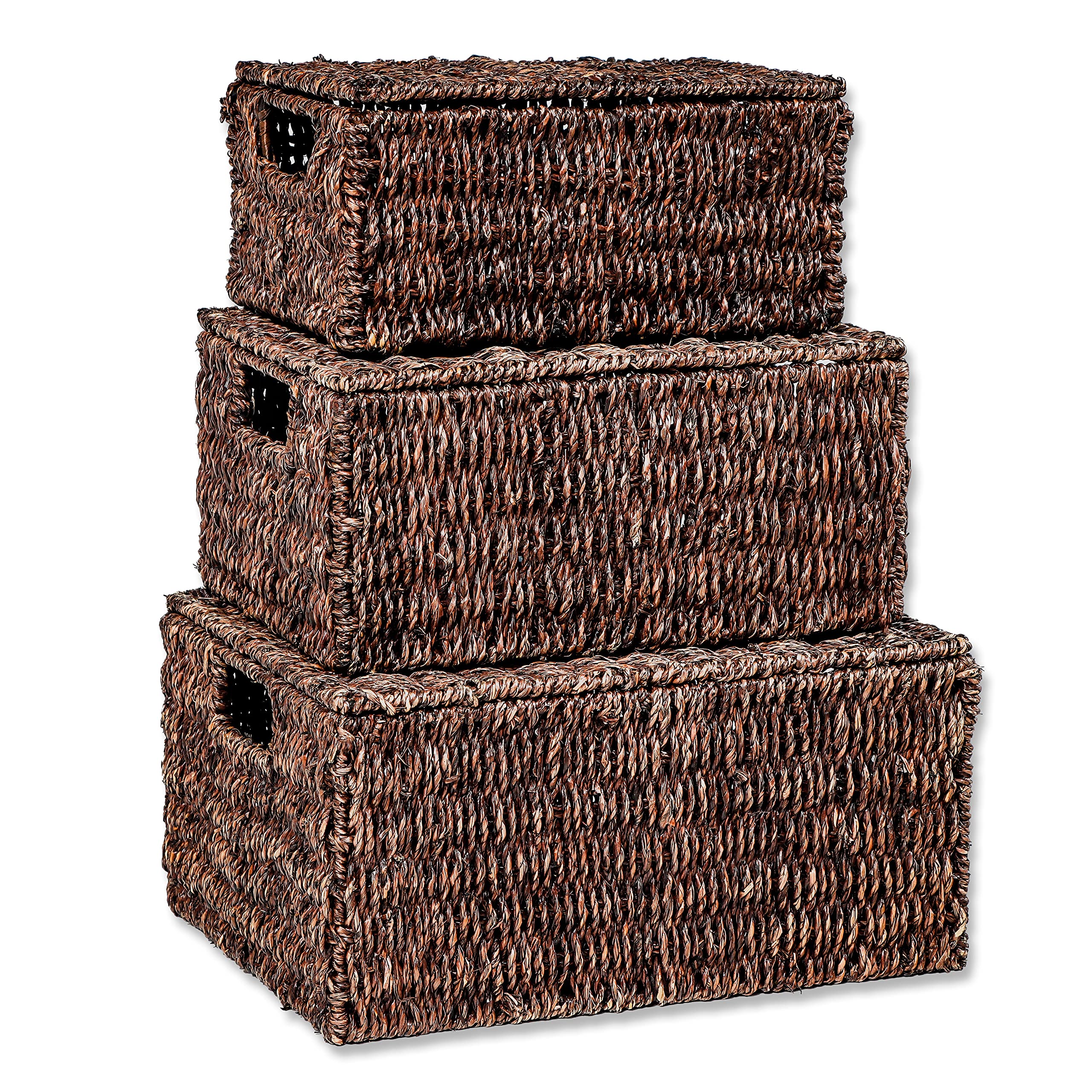 Trademark Innovations Set of 3 Rectangular Seagrass Baskets with Lids, Brown (Small)