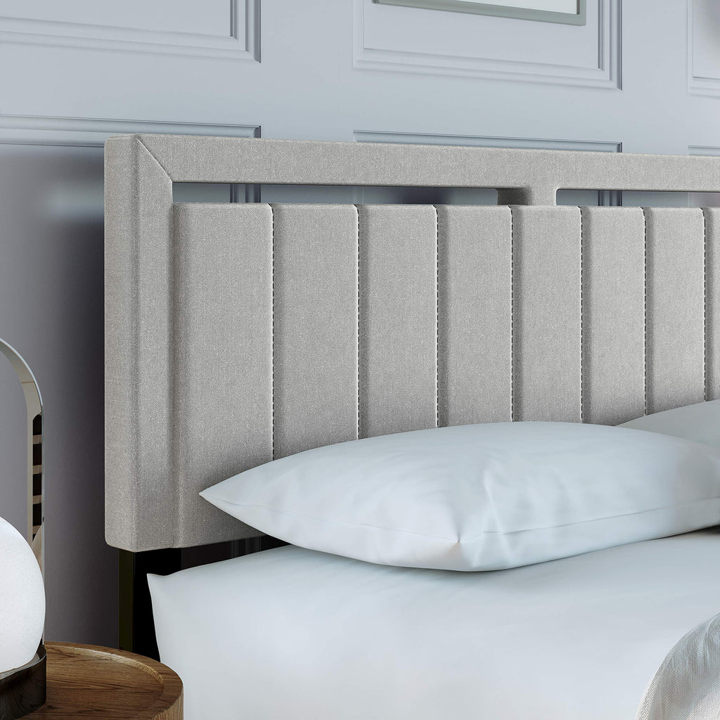 Boyd Sleep Beaumont Upholstered Platform Bed with Headboard, Mattress Foundation with Strong 14 Wood Slat Supports, No Box Spring Required, White Linen, Size Twin