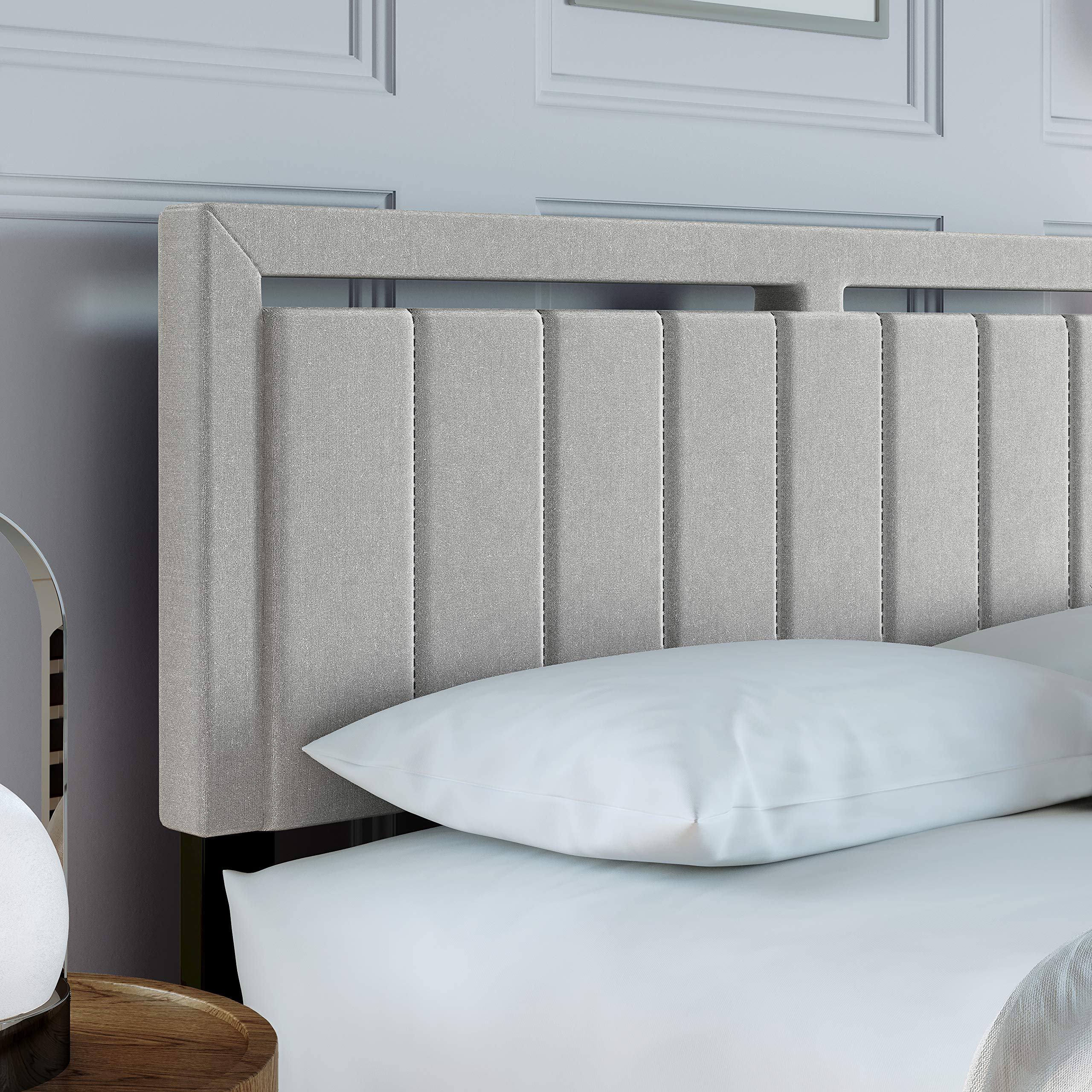 Boyd Sleep Beaumont Upholstered Platform Bed with Headboard, Mattress Foundation with Strong 14 Wood Slat Supports, No Box Spring Required, White Linen, Size Twin
