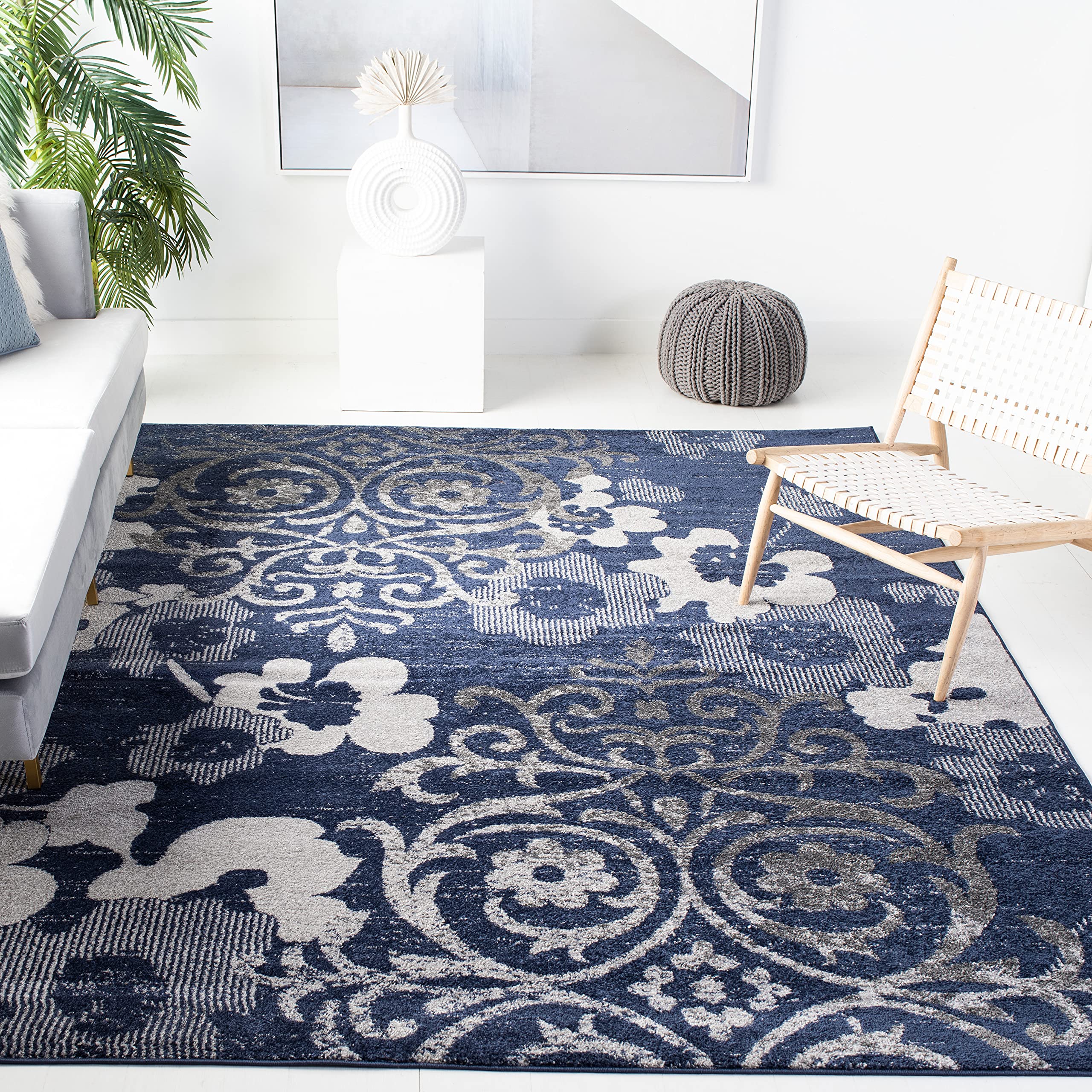 SAFAVIEH Adirondack Collection Area Rug - 10 x 14, Navy & Silver, Floral Glam Damask Distressed Design, Non-Shedding & Easy Ca
