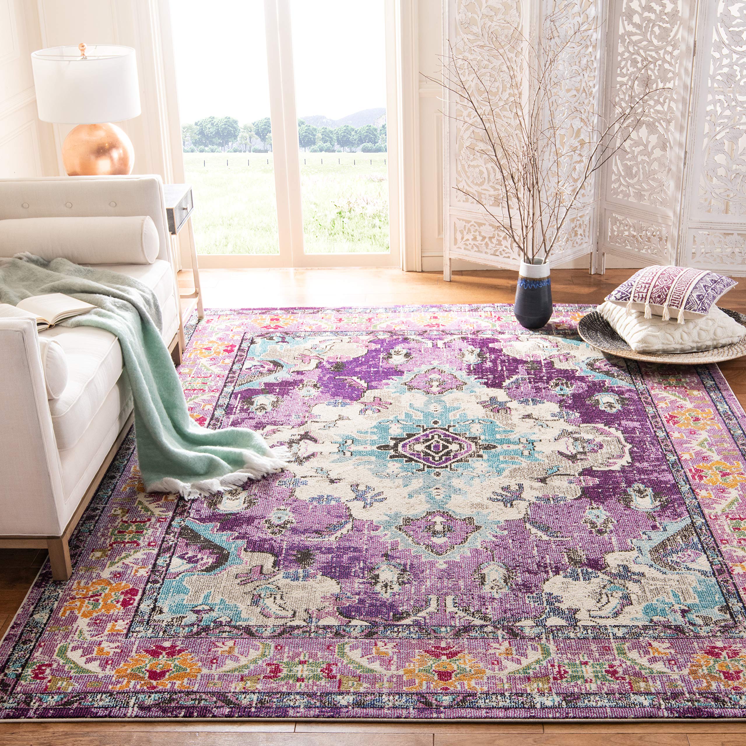 SAFAVIEH Monaco Collection X-Large Area Rug - 11 x 15, Violet & Light Blue, Medallion Distressed Design, Non-Shedding & Easy C