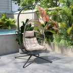 Flash Furniture Cleo Indoor/Outdoor Patio Hanging Egg Chair - Natural Frame With Cream Seat Cushions - Black Powder Coated C-Style Stand - Hanging Hardware Included