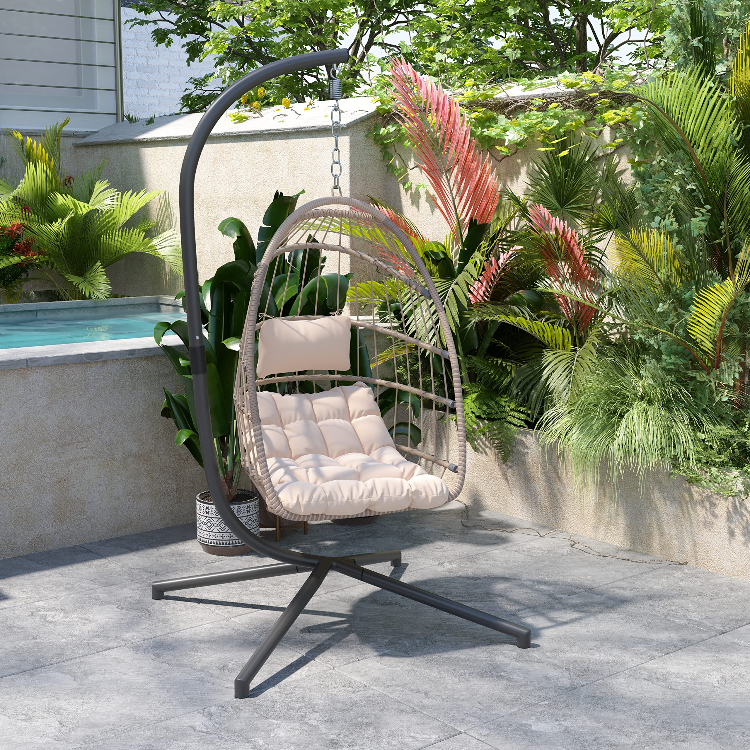 Flash Furniture Cleo Indoor/Outdoor Patio Hanging Egg Chair - Natural Frame With Cream Seat Cushions - Black Powder Coated C-Style Stand - Hanging Hardware Included