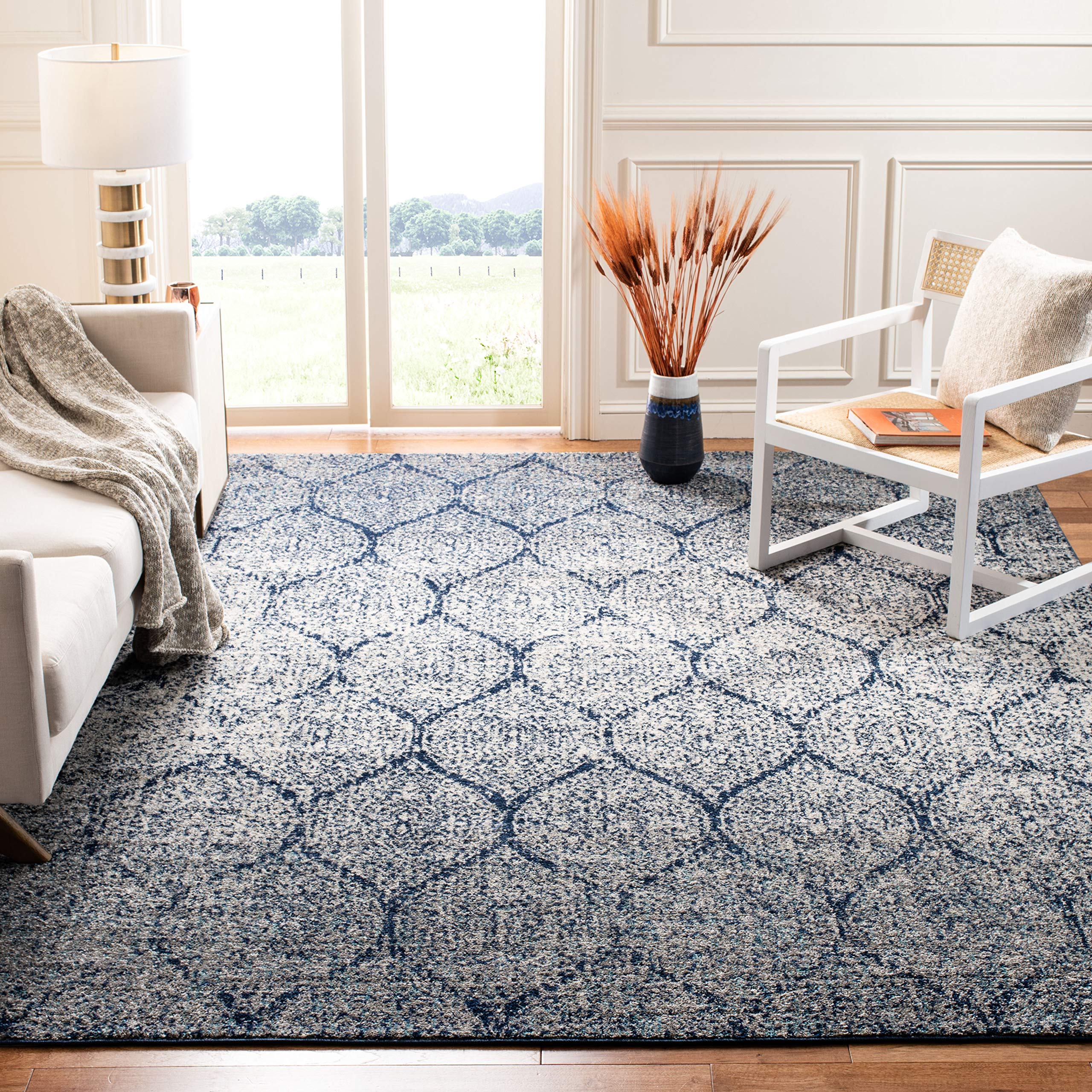SAFAVIEH Madison Collection Area Rug - 67 Square, Navy & Silver, Glam Ogee Trellis Distressed Design, Non-Shedding & Easy Care,