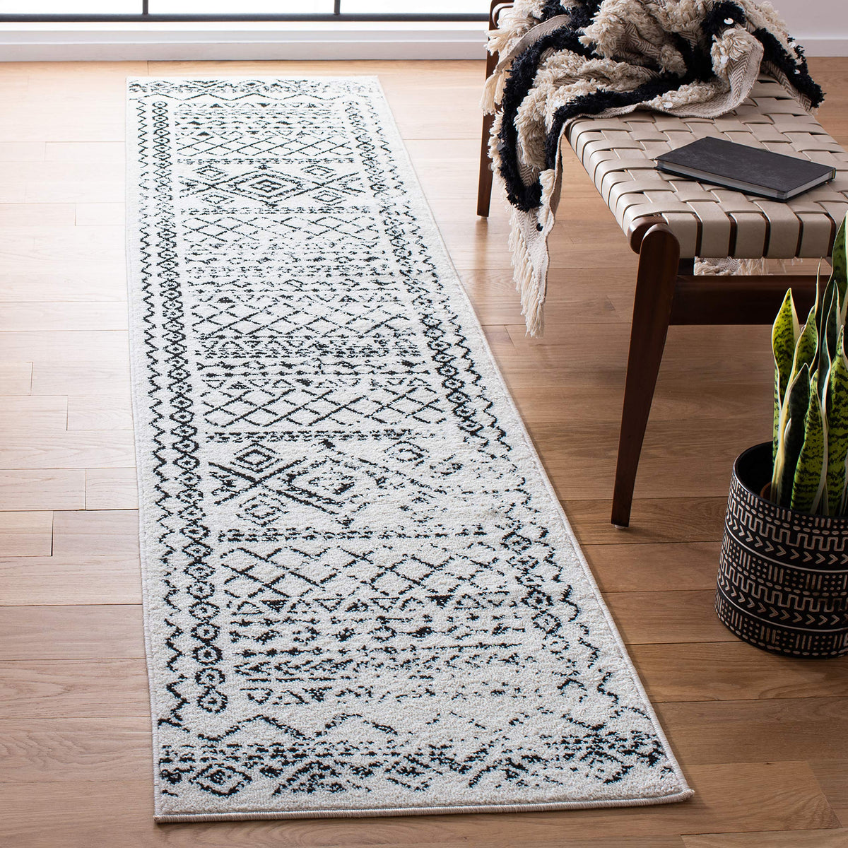 SAFAVIEH Tulum Collection Runner Rug - 2 x 11, Ivory & Black, Moroccan Boho Distressed Design, Non-Shedding & Easy Care, Ideal
