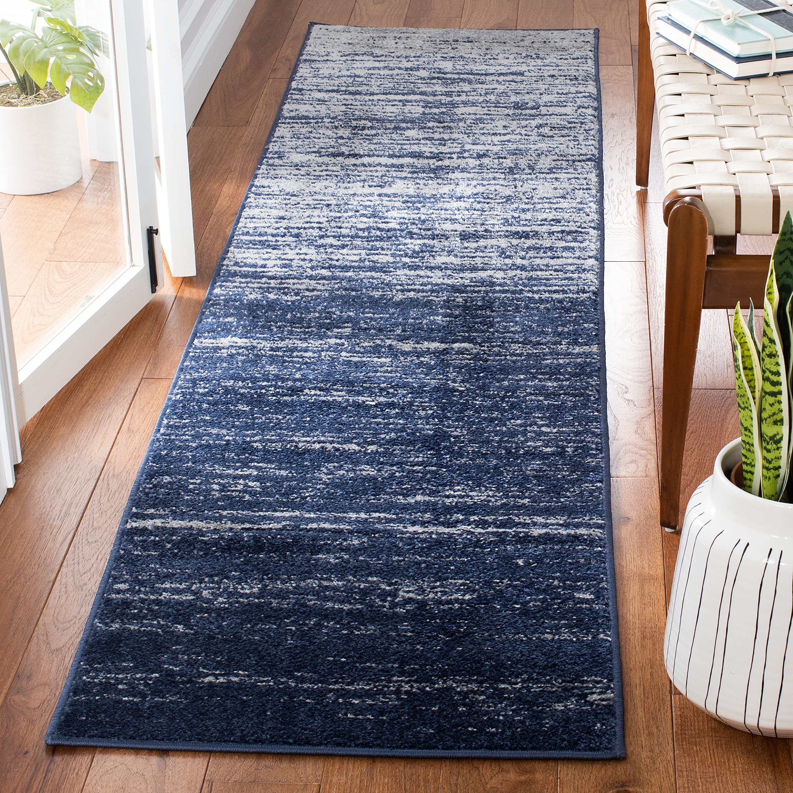 Safavieh Adirondack Collection Runner Rug - 26 x 12, Navy & Grey, Modern Ombre Design, Non-Shedding & Easy Care, Ideal for Hig