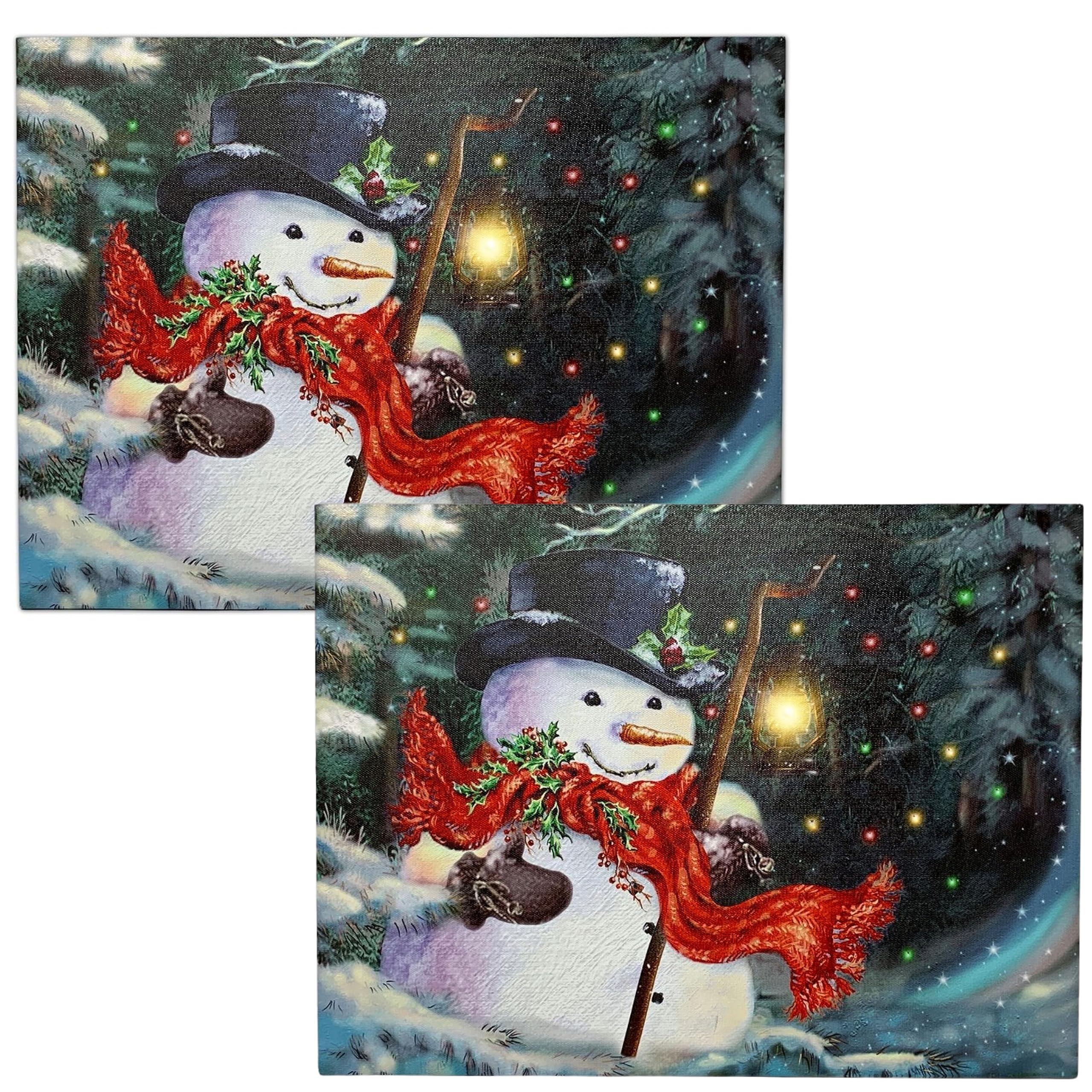 BANBERRY DESIGNS Light Up Snowman Canvas Print LED Lighted Christmas Wall Hanging Snowman with a Black Top Hat and a Red Scarf H