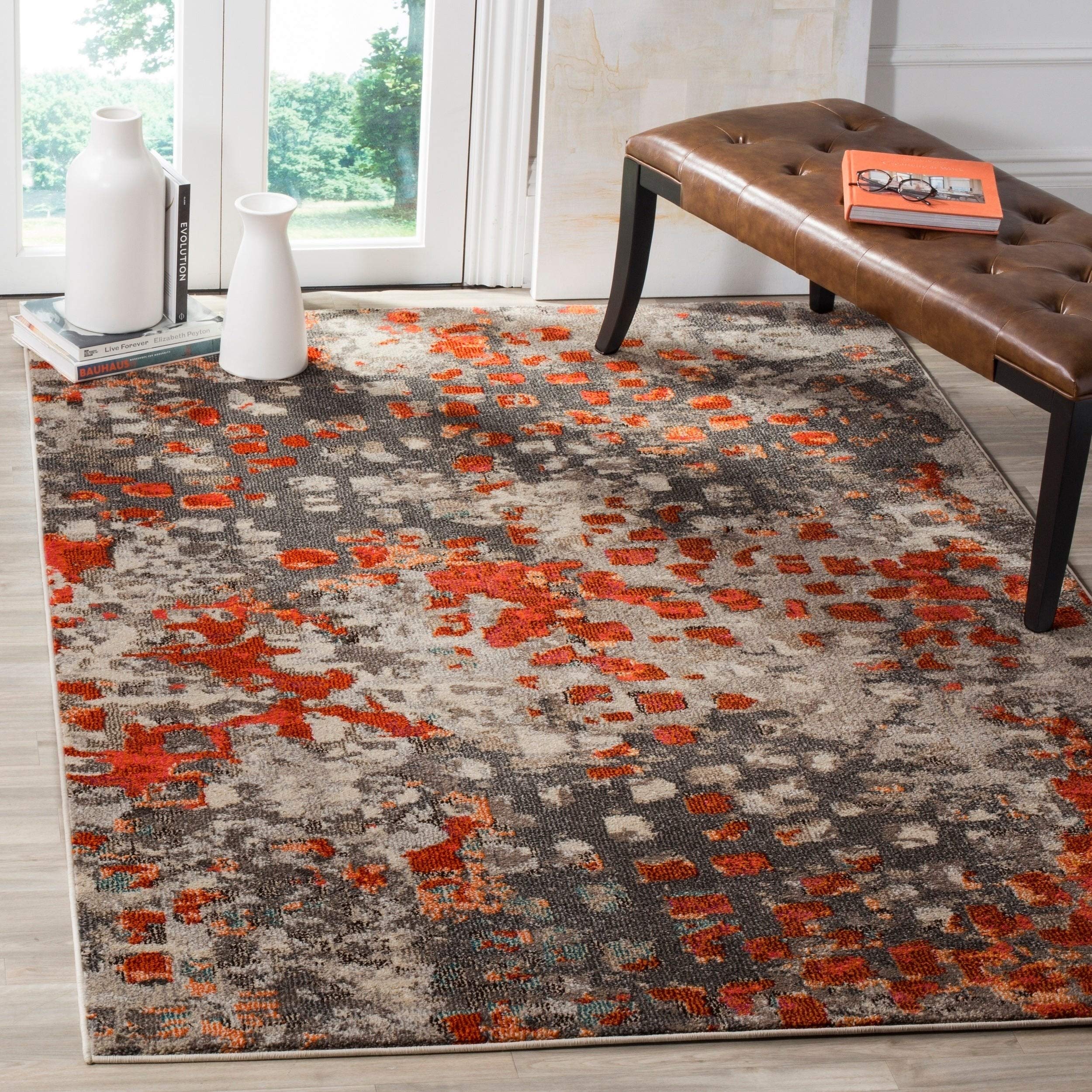 SAFAVIEH Monaco Collection Area Rug - 67 x 92, Grey & Orange, Boho Chic Abstract Watercolor Design, Non-Shedding & Easy Care, 