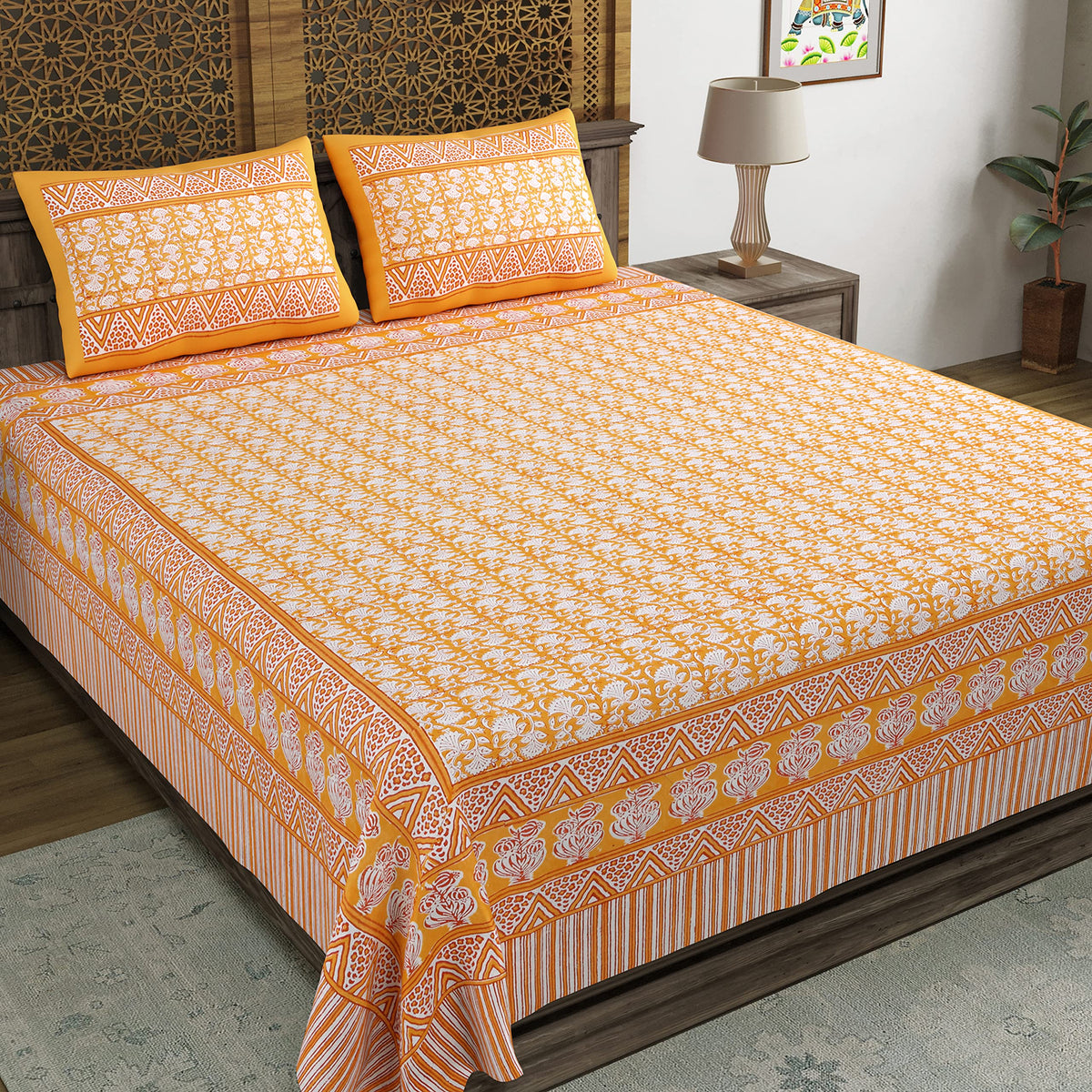 BLOCKS OF INDIA Hand Block Printed 250 TC Cotton Super King Size Bedsheet(96 X 108 Inch) (Color 1),Multicolour