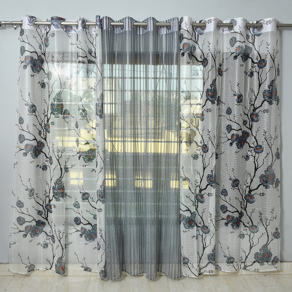 Kiara Creations Transparent Gulab(2 Printed + 1 Plain) Combo Curtains for Window 5 Feet (Pack of 3) Grey