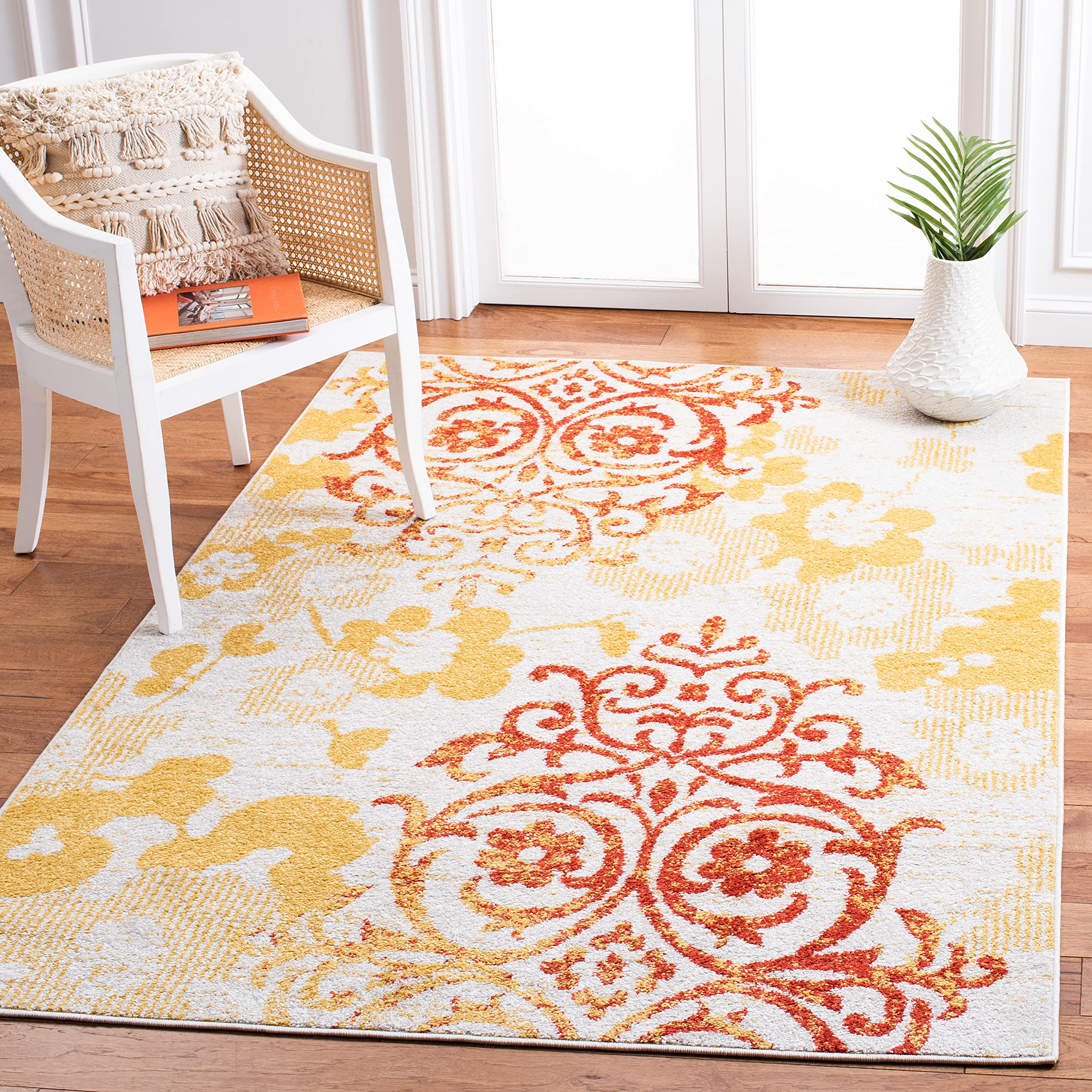 SAFAVIEH Adirondack Collection 67 Square Grey / Gold ADR114D Floral Glam Damask Distressed Non-Shedding Living Room Bedroom Are