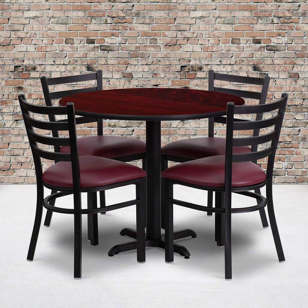 Flash Furniture Carlton 36'' Round Mahogany Laminate Table Set with X-Base and 4 Ladder Back Metal Chairs - Burgundy Vinyl Seat