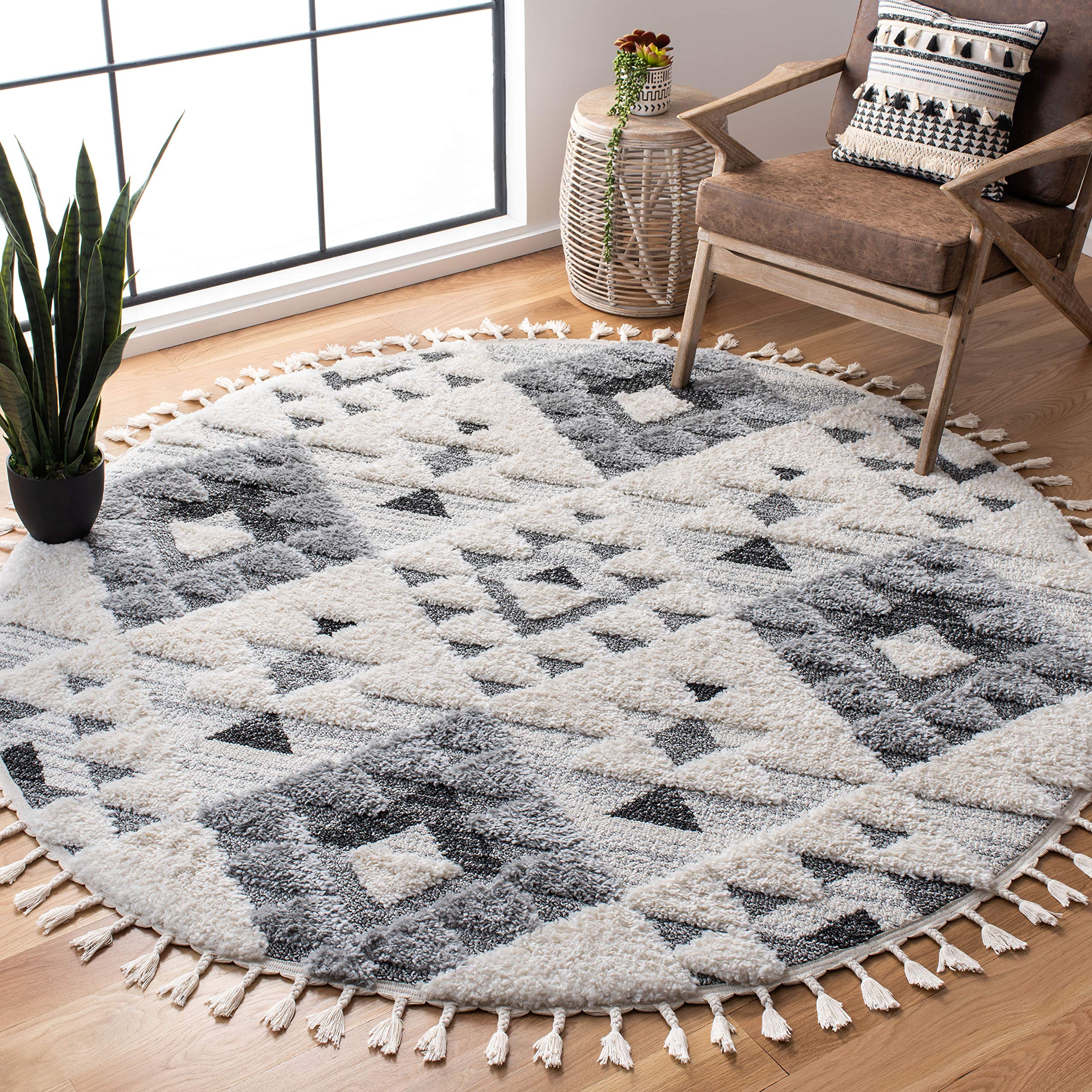 SAFAVIEH Moroccan Tassel Shag Collection 10 Round Ivory/Grey MTS688F Boho Non-Shedding Entryway Foyer Living Room Bedroom Kitch