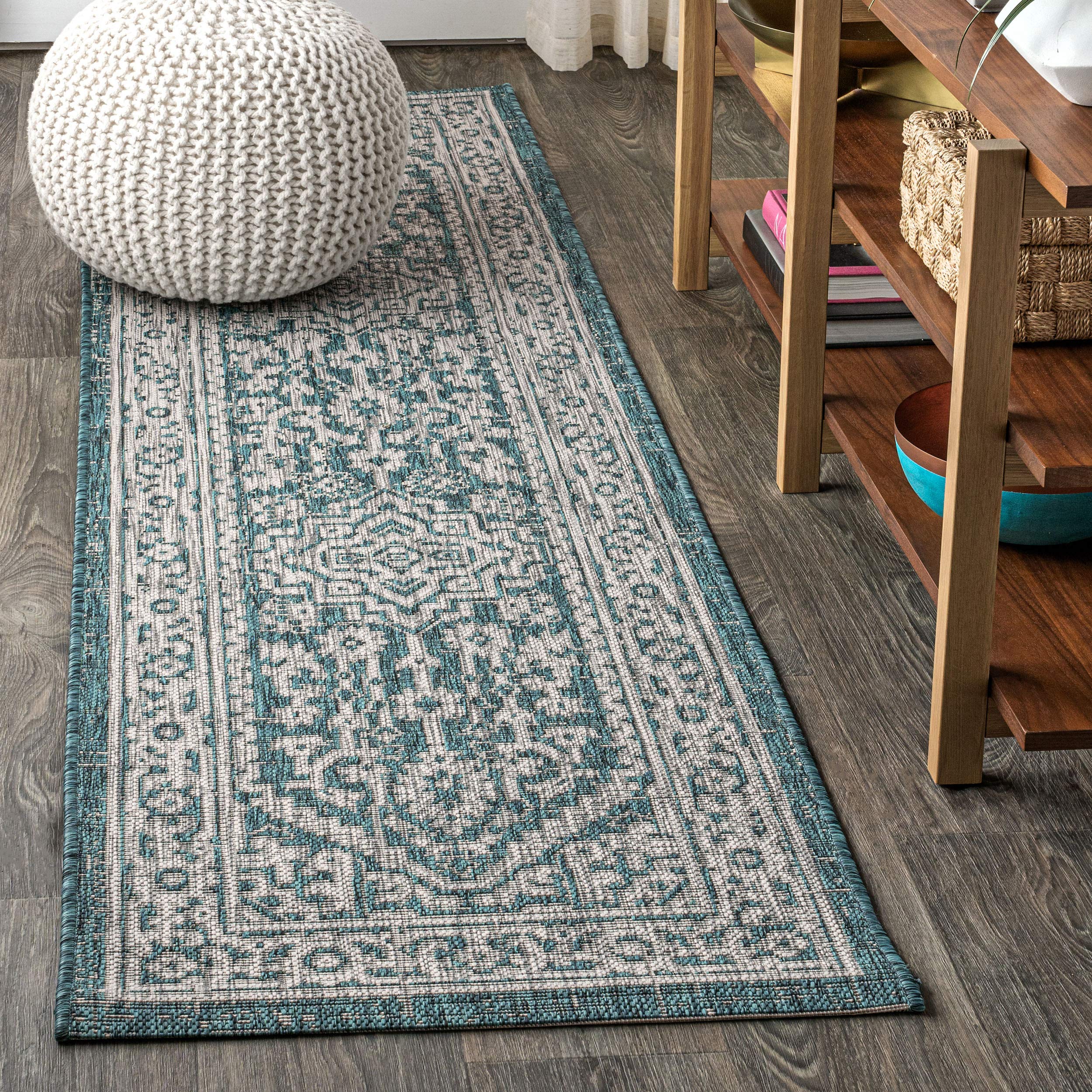 Jonathan Y Smb101C-28 Sinjuri Medallion Textured Weave Indoor/Outdoor Teal Blue/Gray 2 Ft. X 8 Ft. Runner-Rug, Coastal,Easy-Clea